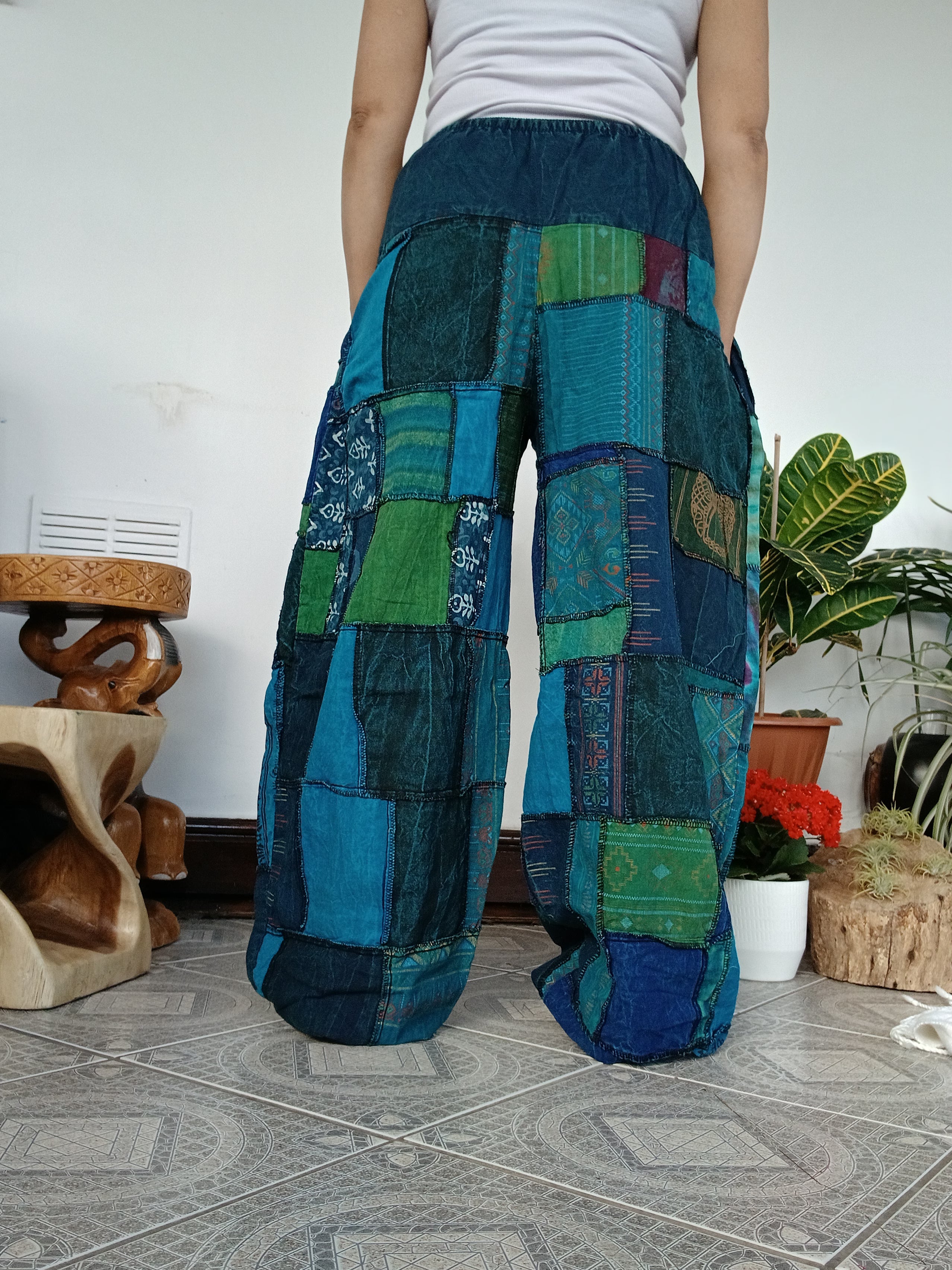 Blue green tones stonewash unique patchwork baggy boho harem pants hippie loose-fit trousers joggers