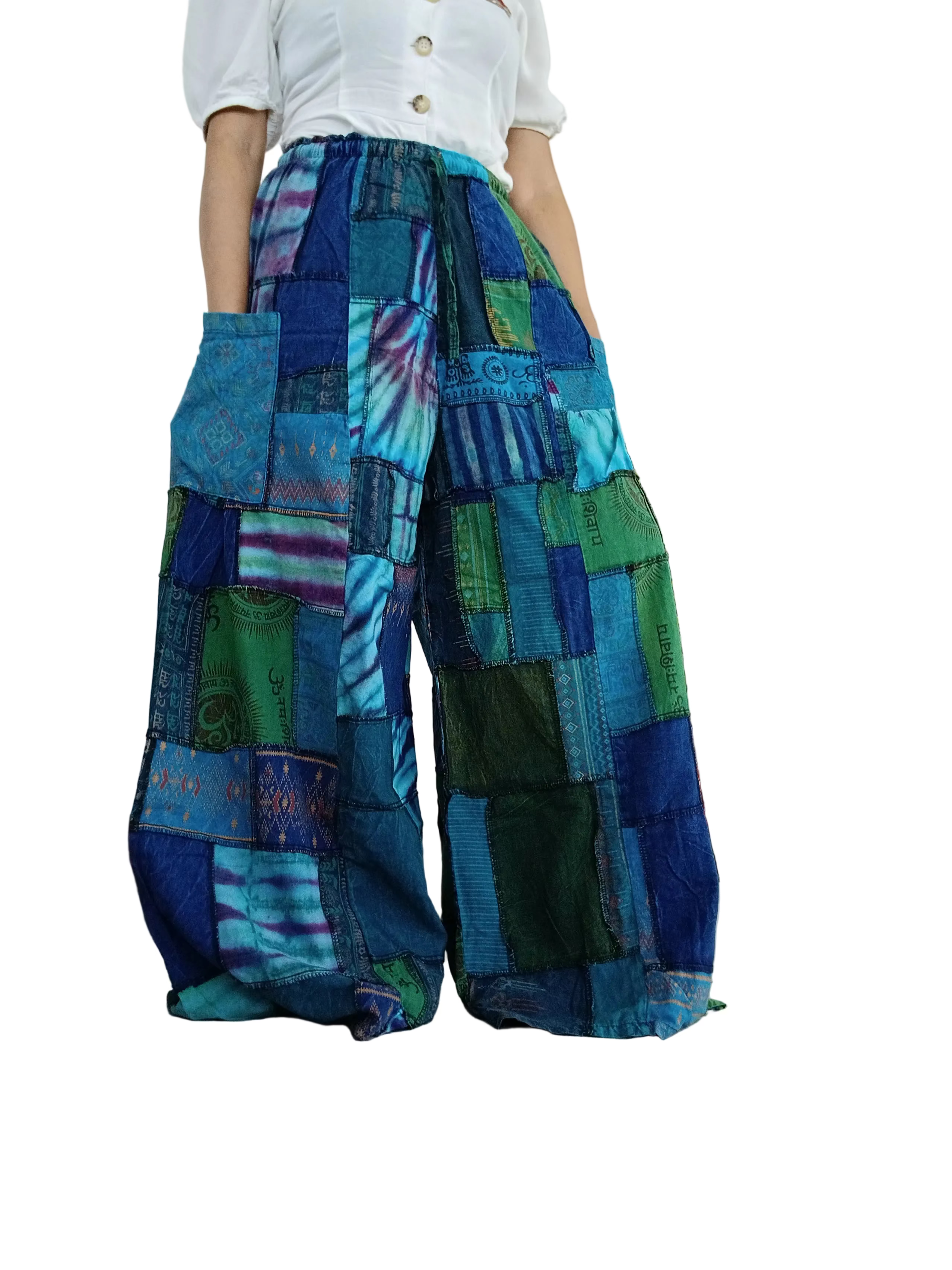 Blue Ocean tones patchwork Boho Wide-Leg hippie Harem Pants baggy Unique trousers for 8-12