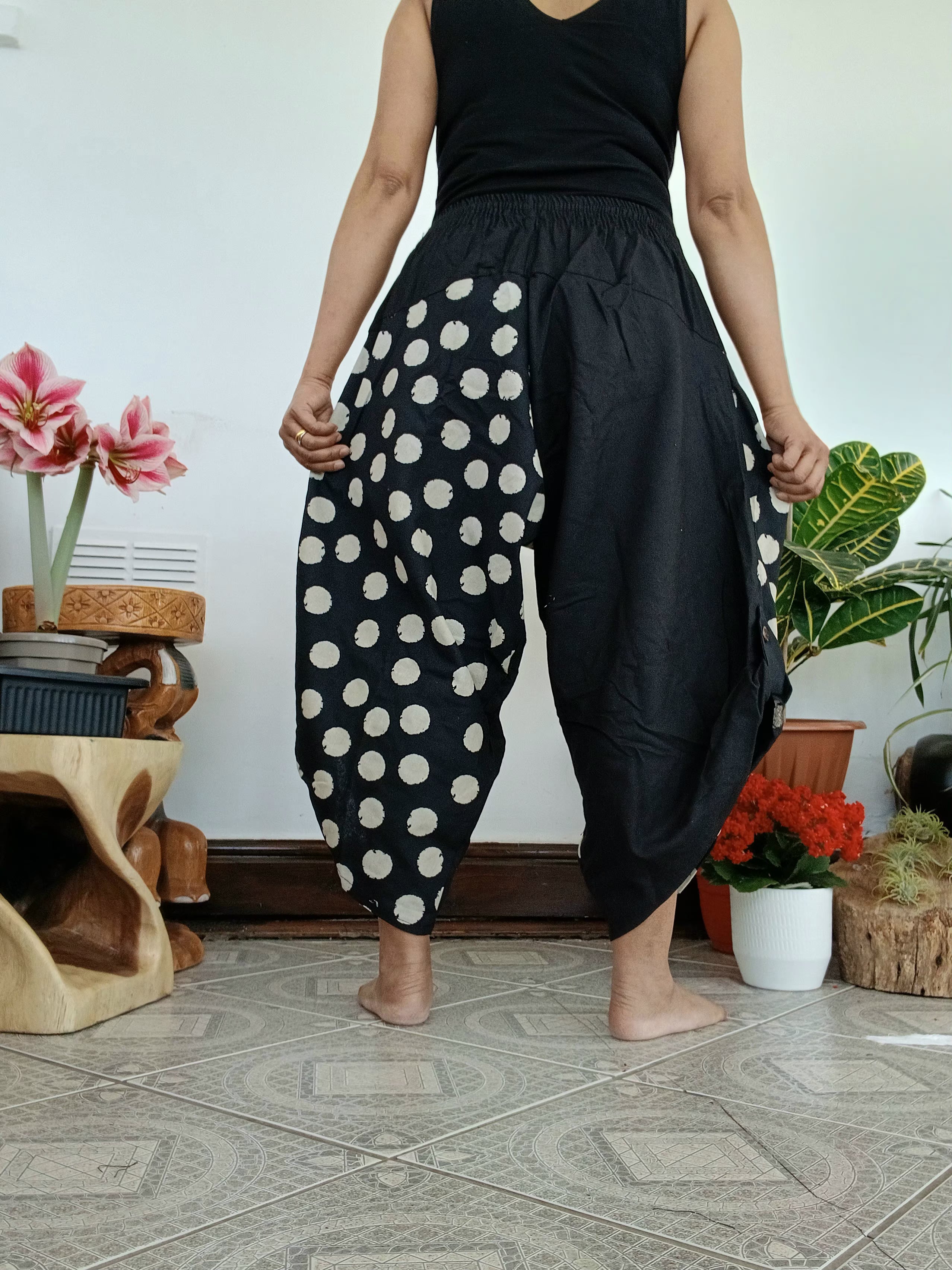 Cotton black with polka dot Ninja Samurai Style harem pants relaxed fit casual trousers one size fit 6-8-10