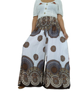 White and brown Boho baggy harem pants wide leg palazzo flowy high-waisted trousers one size fit 8-10-12-14
