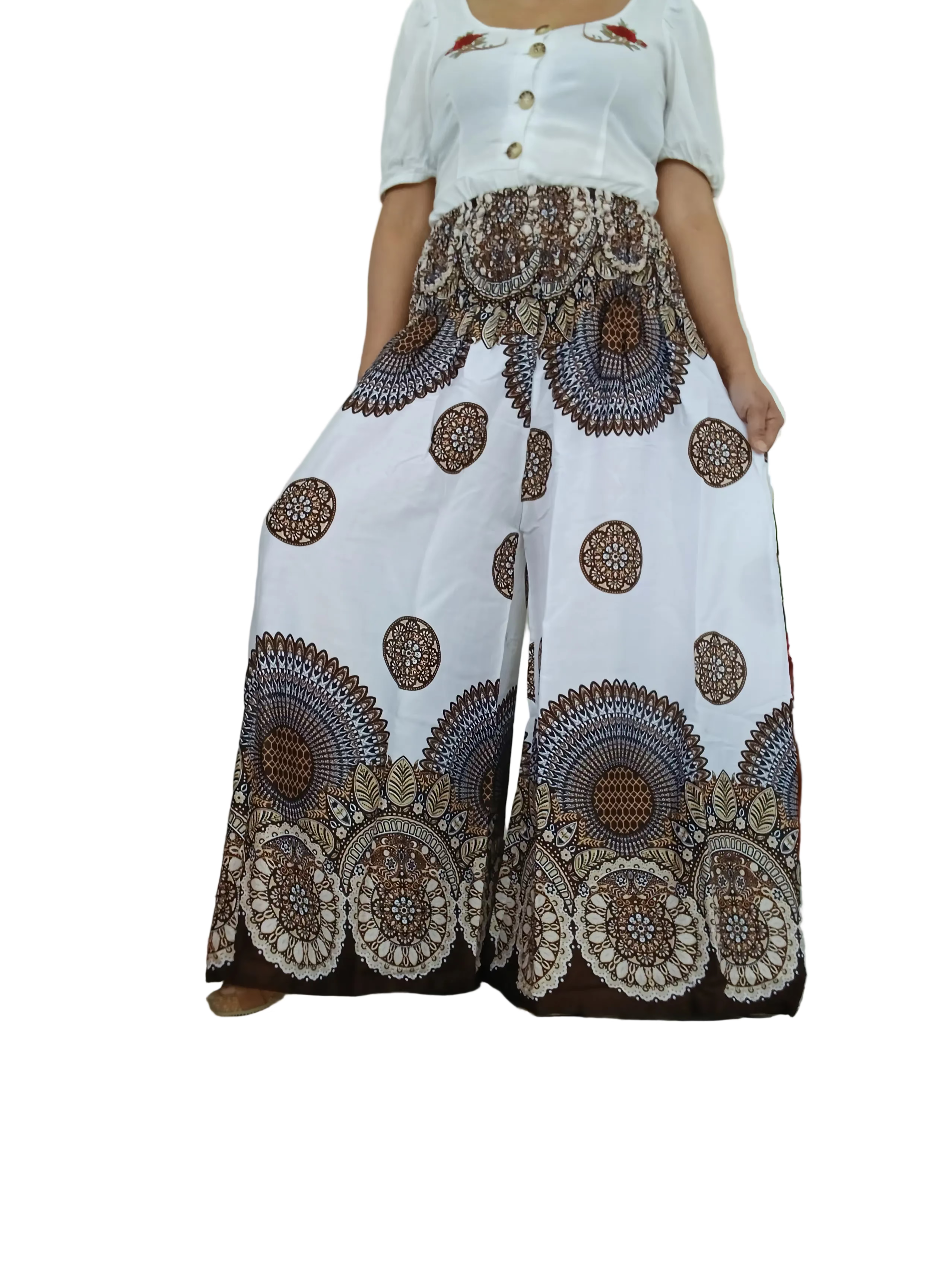 White and brown Boho baggy harem pants wide leg palazzo flowy high-waisted trousers one size fit 8-10-12-14