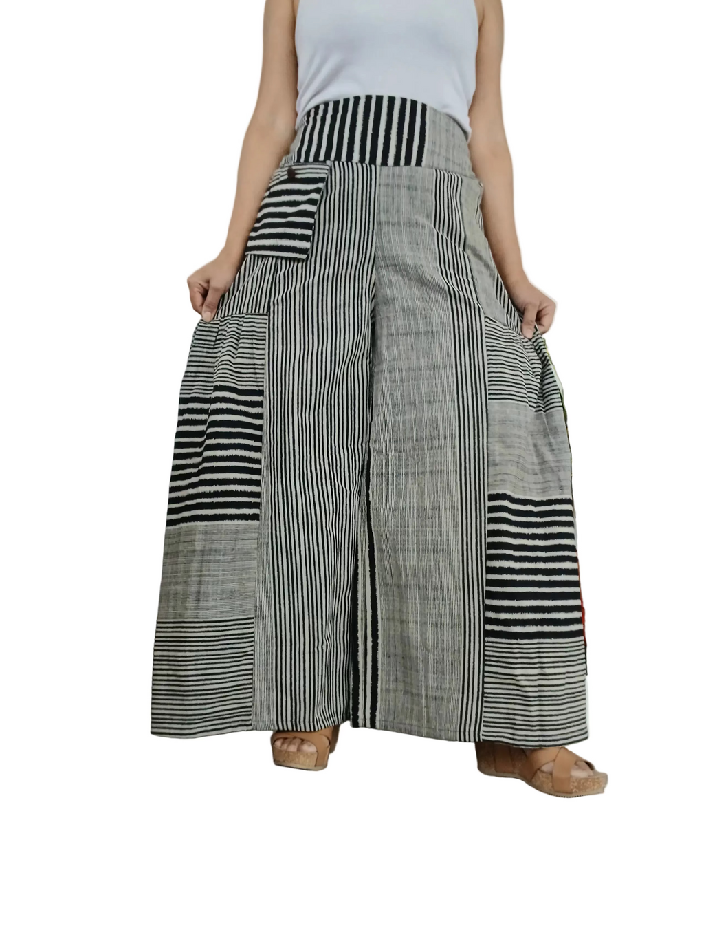 Black and white striped patchwork boho high-waisted trousers wide leg palazzo flowy harem pants One size fits 8-10-12