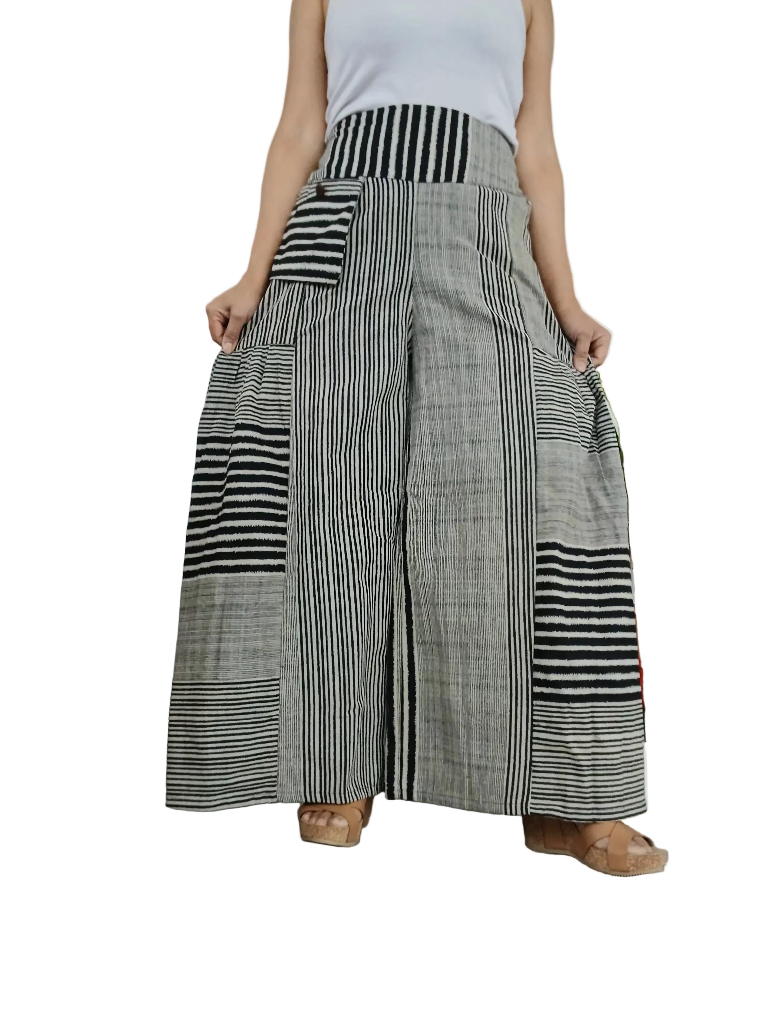Black and white striped patchwork boho high-waisted trousers wide leg palazzo flowy harem pants One size fits 8-10-12