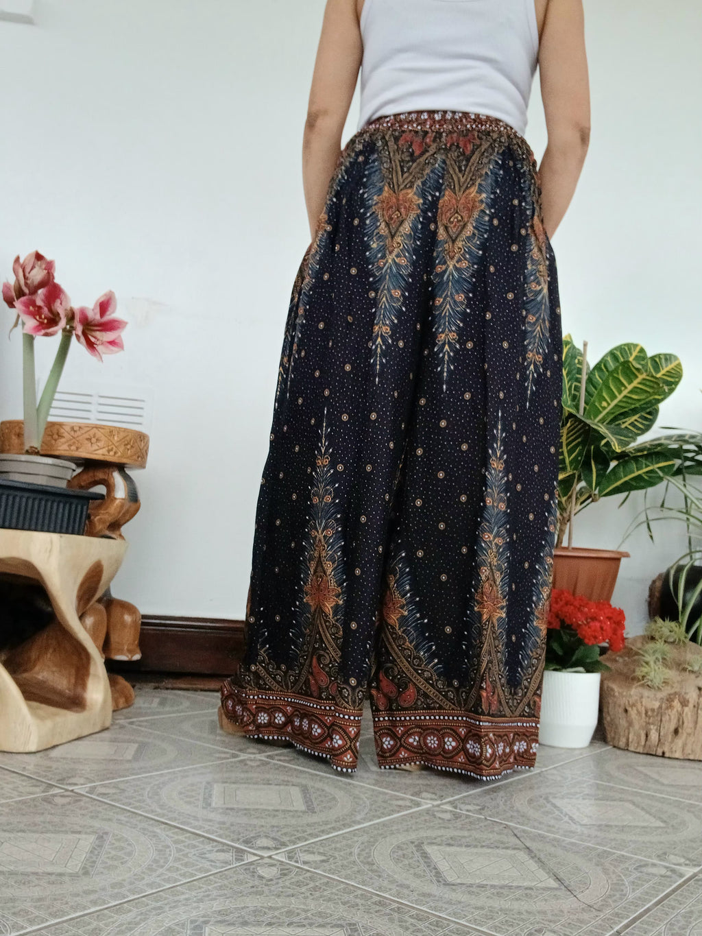 Black peacock feathers printed Baggy wide leg flowy trousers Boho High-Waisted Mandala Pants one-size fit 8-14