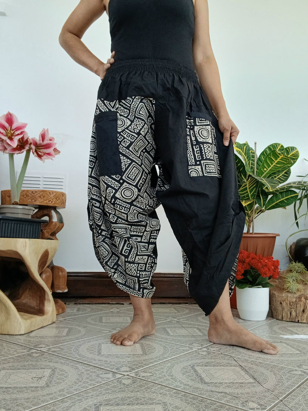 Black Grey cotton Ninja Samurai Style harem pants hippie Boho Cropped trousers