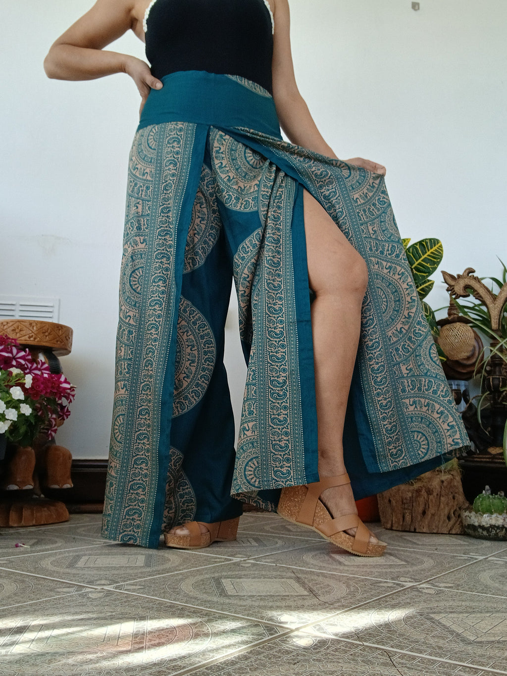 Darkgreen Boho High-Waisted harem pants wrap-around style summer festival trousers one size fit 8-10-12