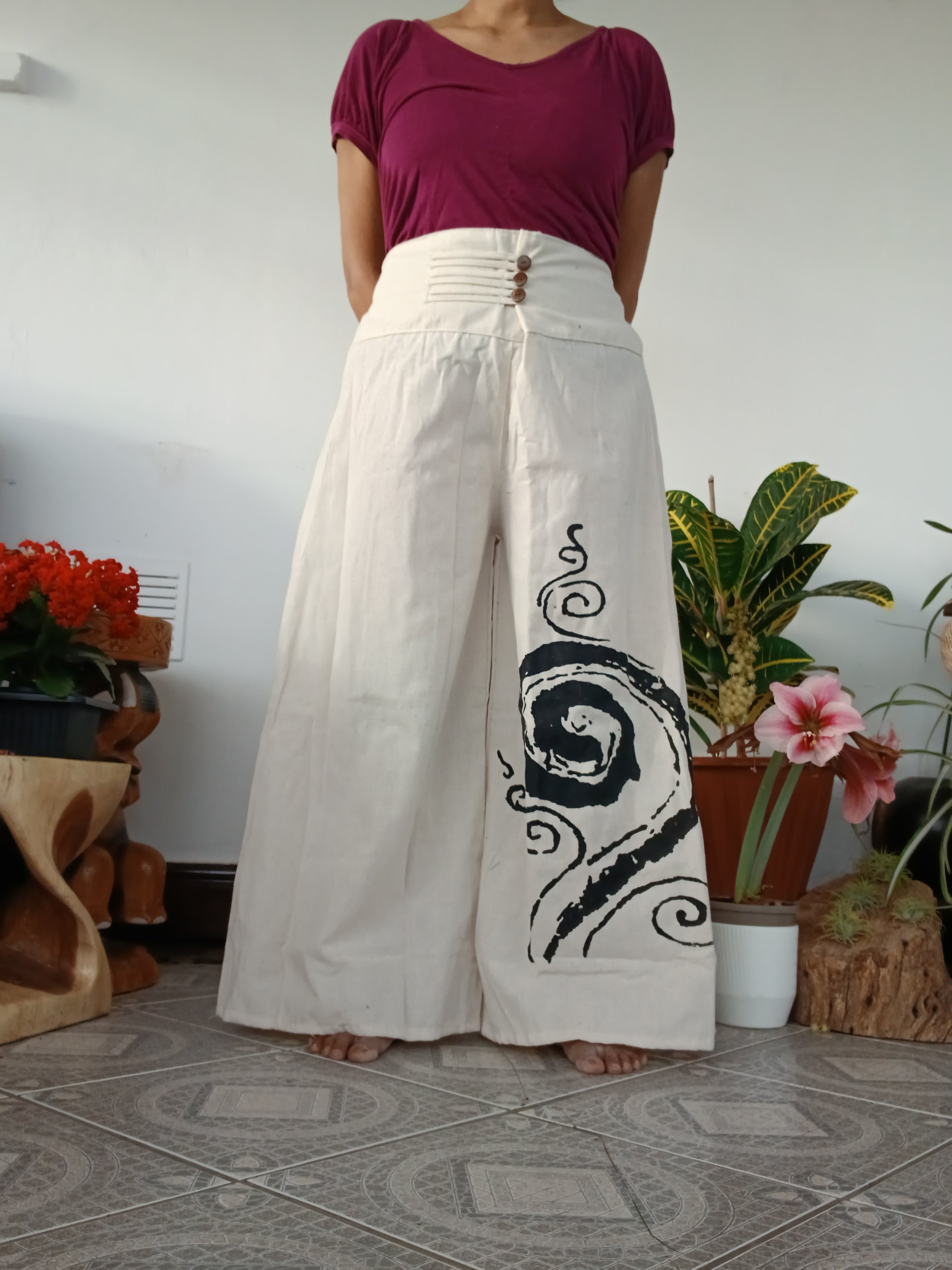 Cotton Cream with spiral print Boho wide-leg elegant culottes palazzo pants One size fits 8-10-12