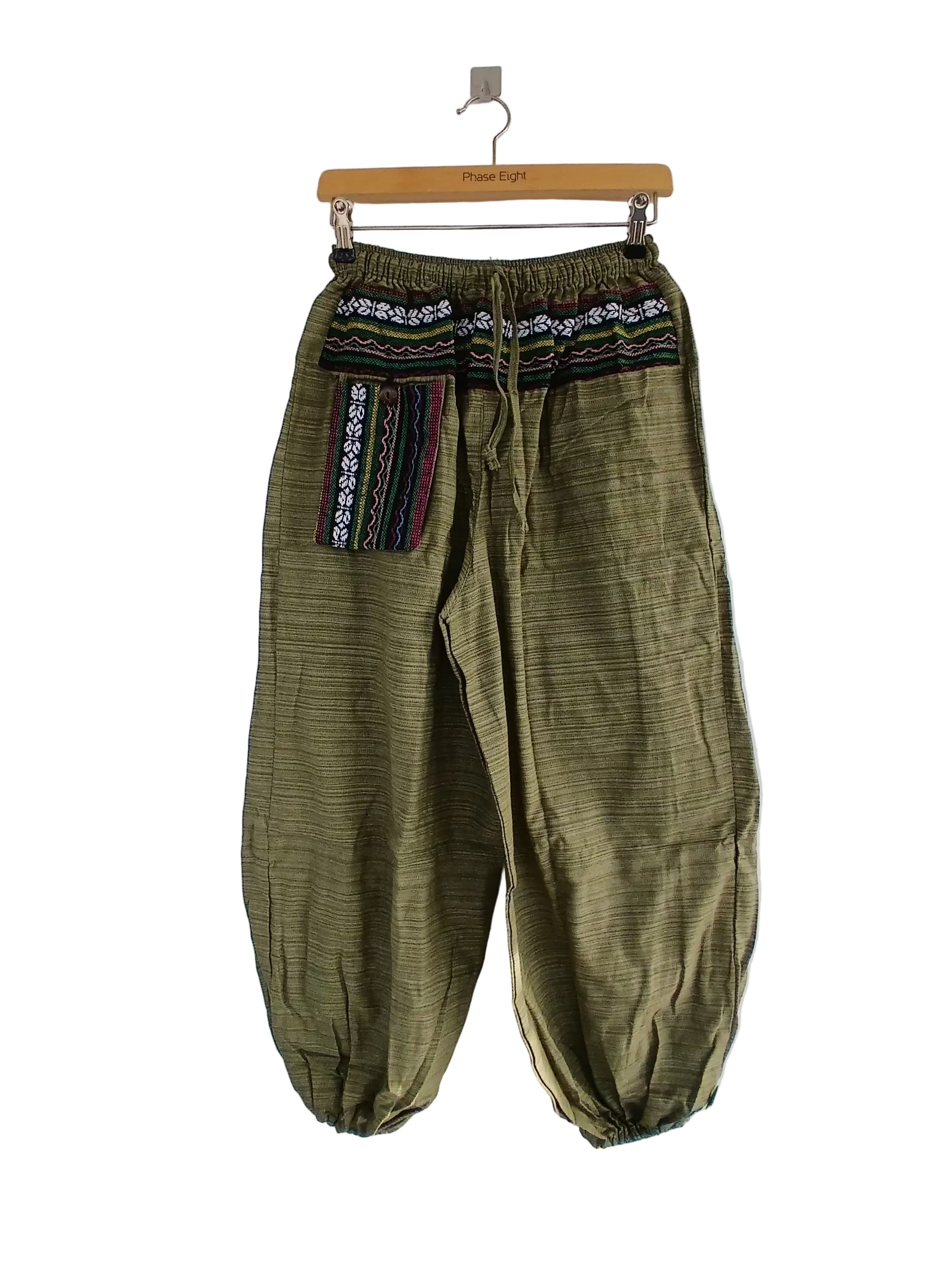 Boho Elasticated Harem Trousers Olive Green cotton woven