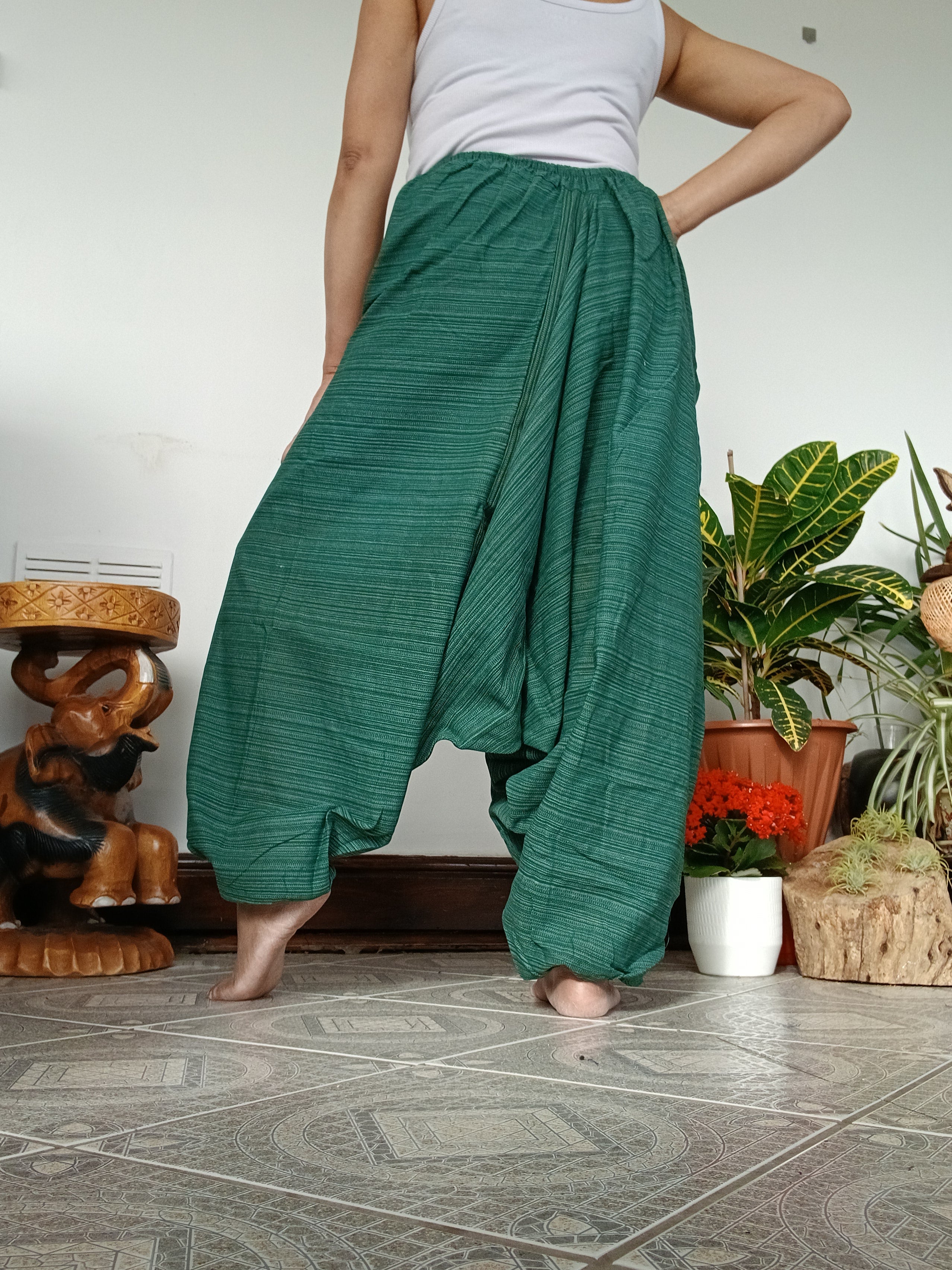 Cotton Green wide leg harem pants Aladdin Genie hippie yoga meditation Boho trousers for unisex