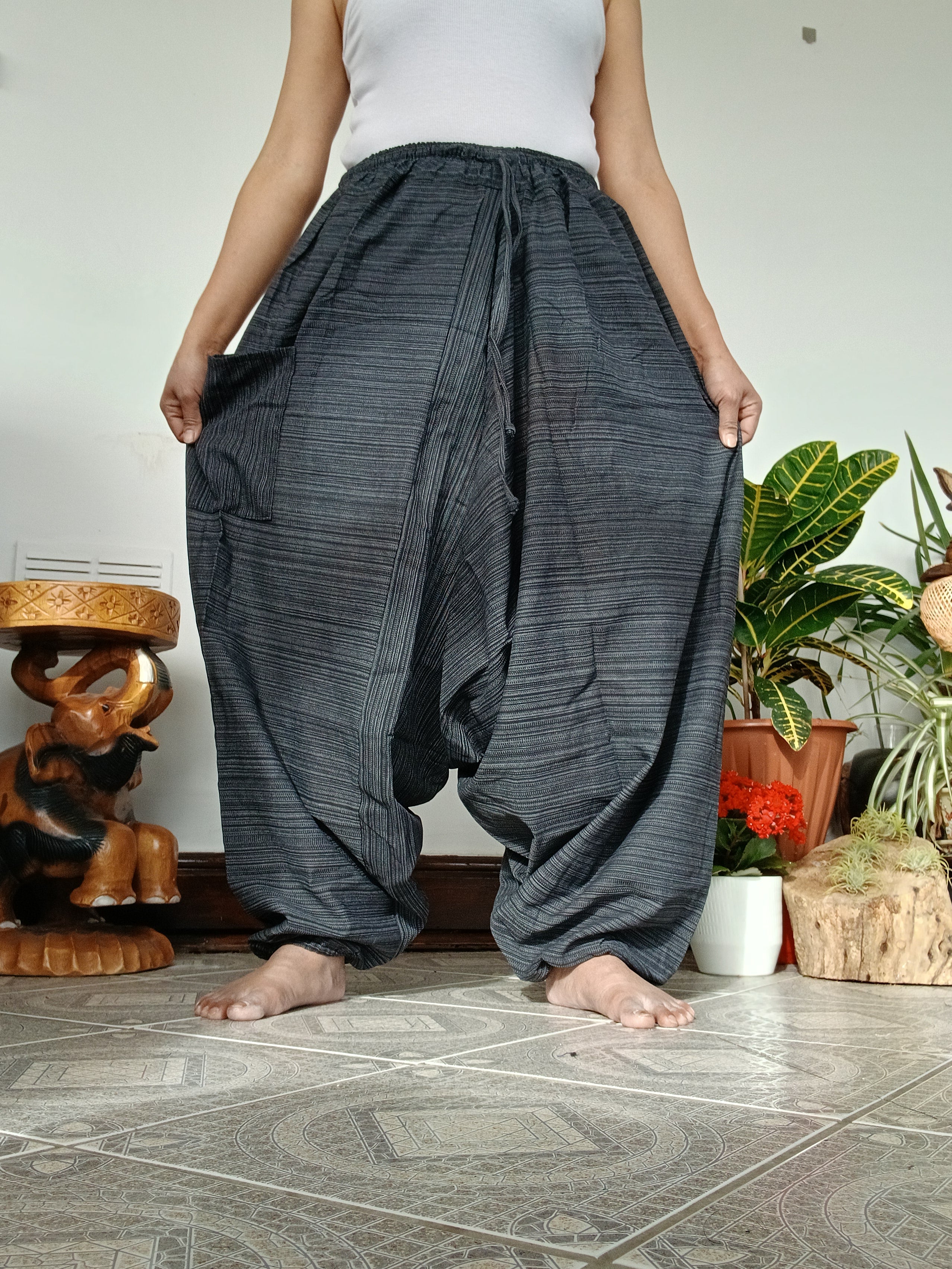 Unisex black cotton wide leg harem pants hippie baggy Boho relaxed fit meditation yoga trousers
