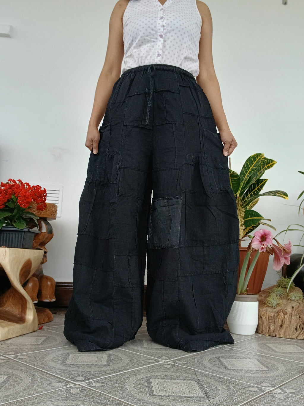 Patchwork Boho Wide-Leg Palazzo Pants – Stonewashed black Cotton one size fit 8-10-12