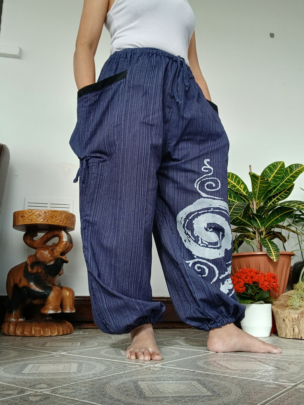 Cotton navy wide leg harem pants hippie Boho loose-fit trousers joggers for unisex