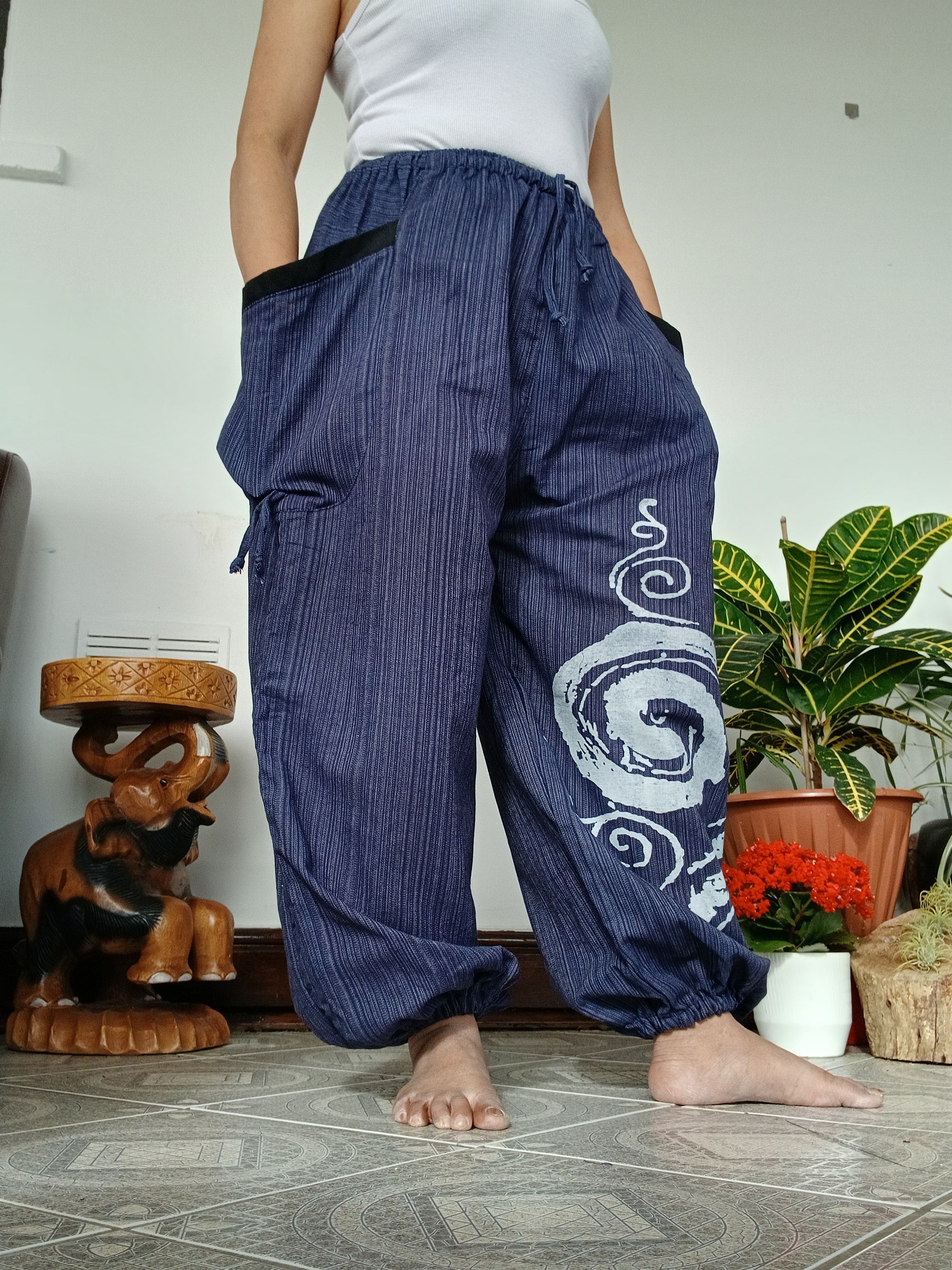 Cotton navy wide leg harem pants hippie Boho loose-fit trousers joggers for unisex