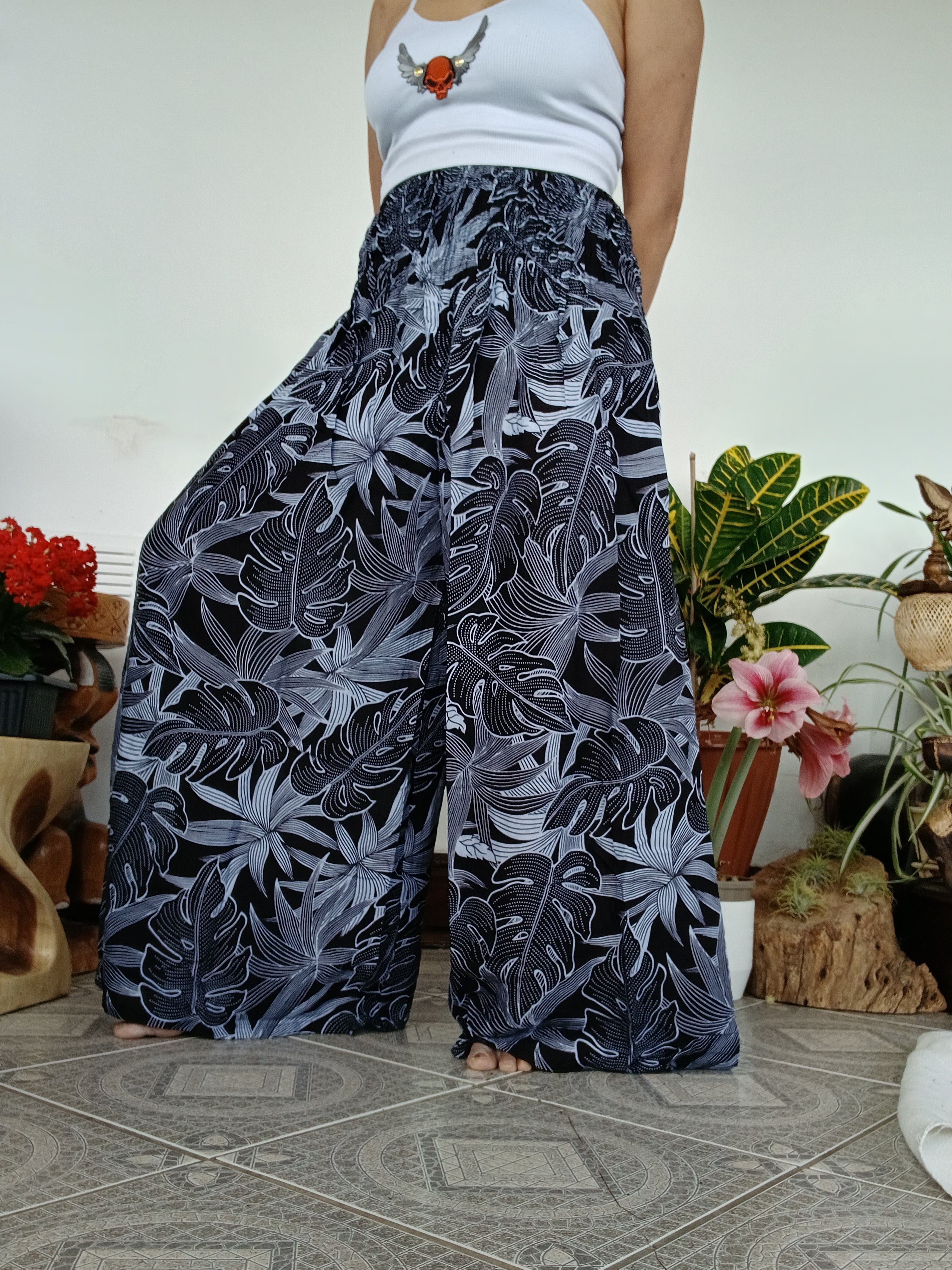 Black Tropical Leaf Wide-Leg Palazzo Harem Pants Boho high-waisted trousers one size