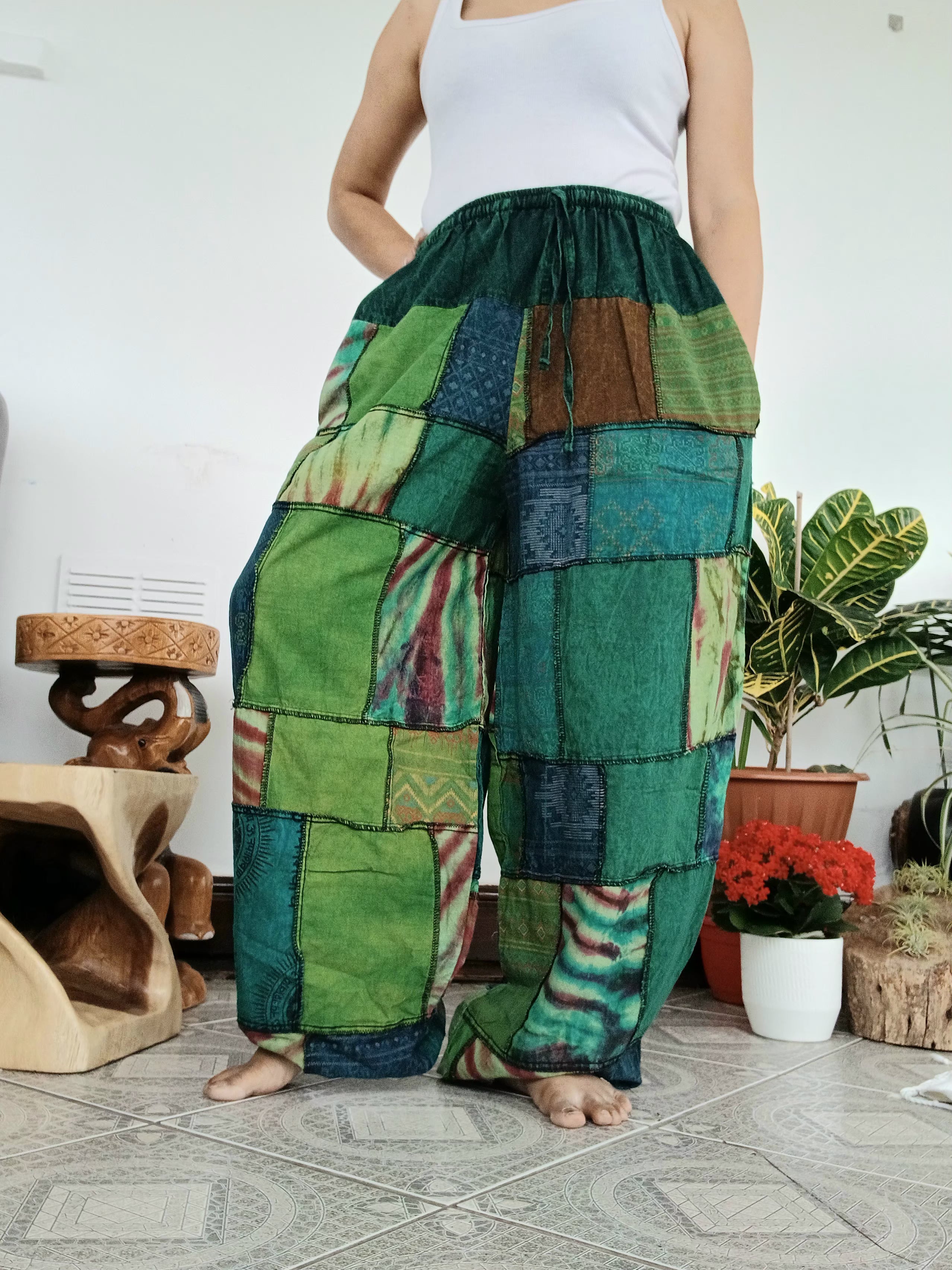 Cotton stonewash Emerald tones patchwork Boho baggy loose-fit trousers joggers harem hippie pants for unisex