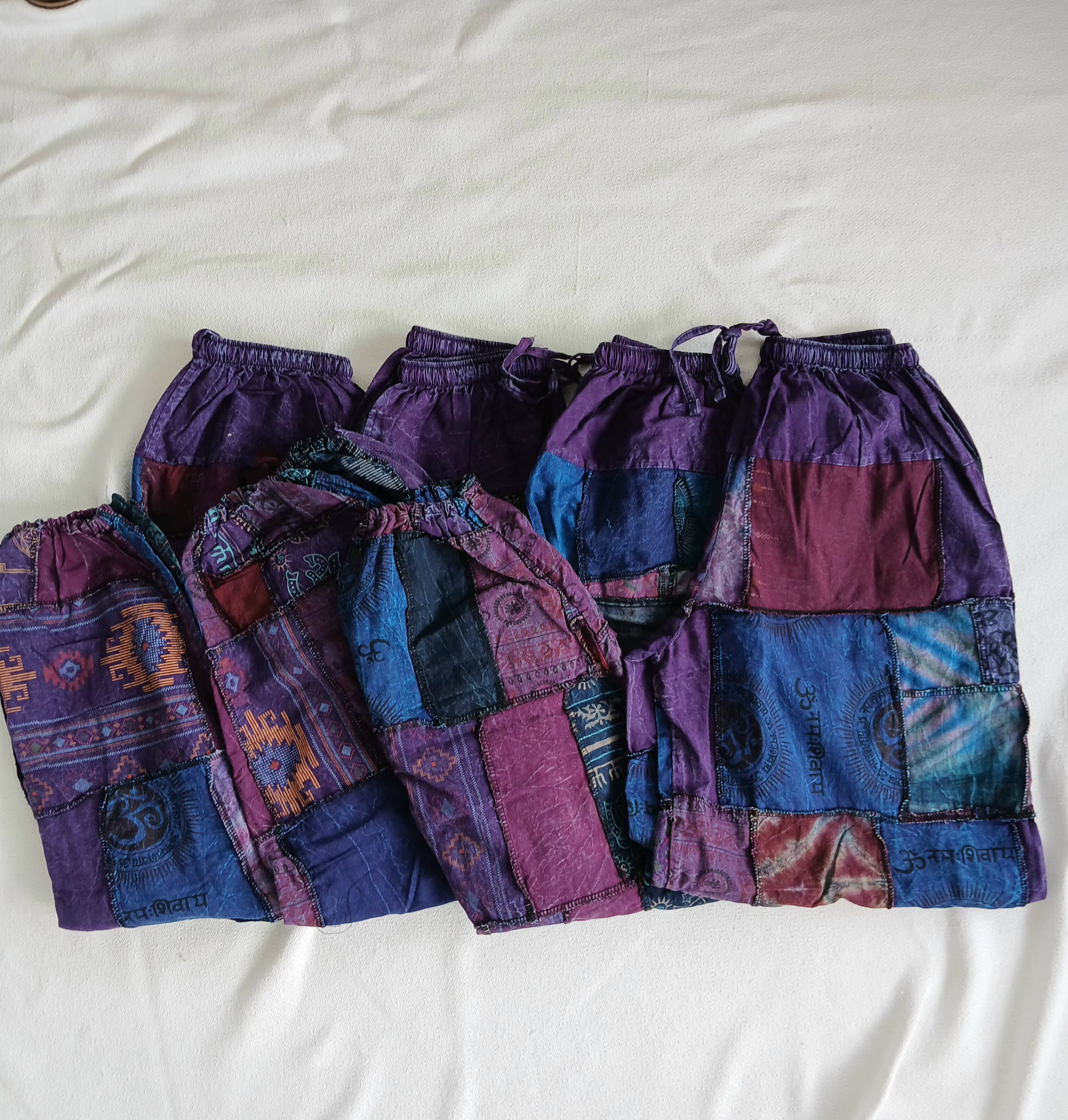Stonewash patchwork purple tones Boho baggy loose-fit trousers joggers hippie Harem Pants unique one size