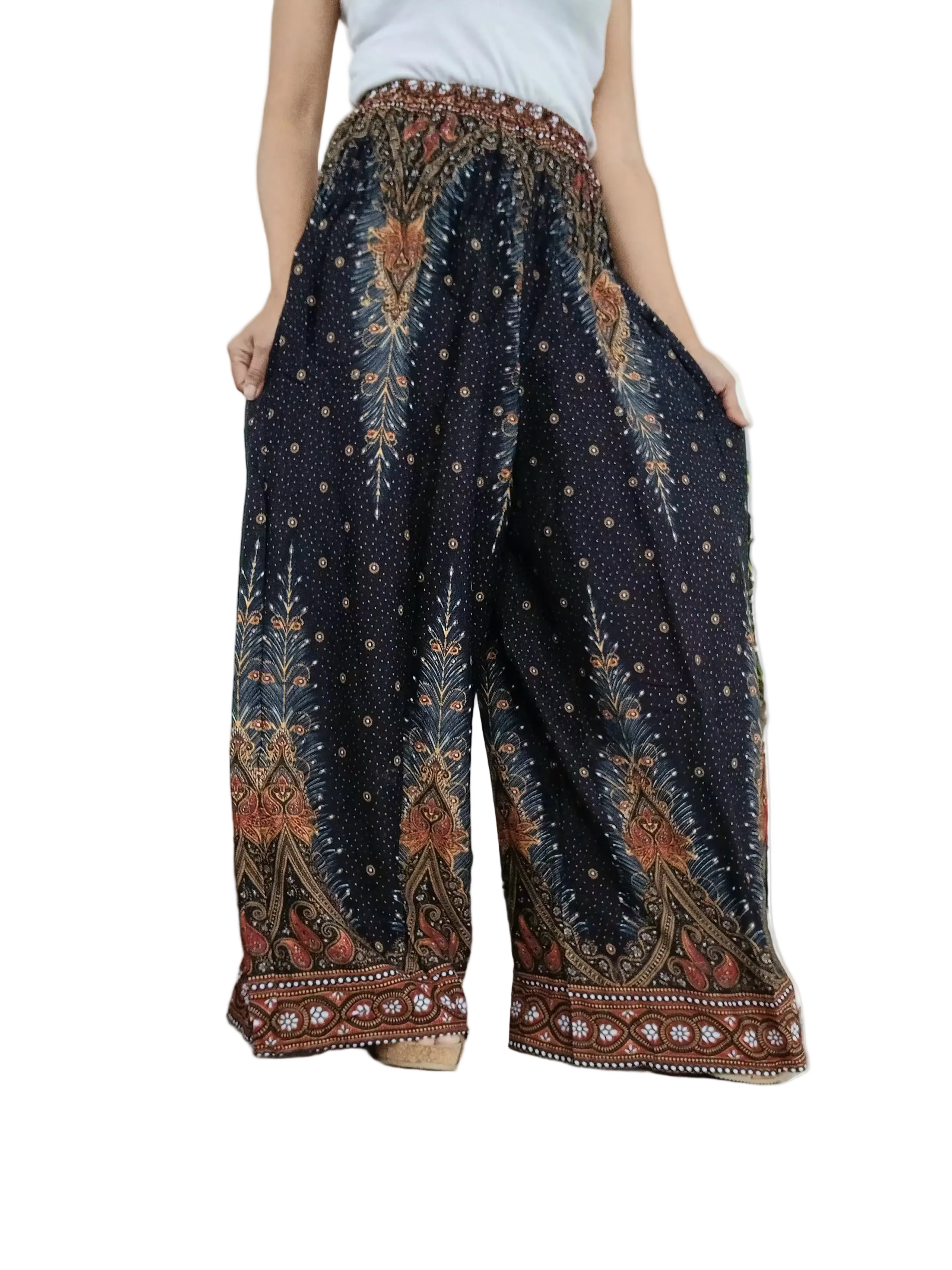 Black peacock feathers printed Baggy wide leg flowy trousers Boho High-Waisted Mandala Pants one-size fit 8-14