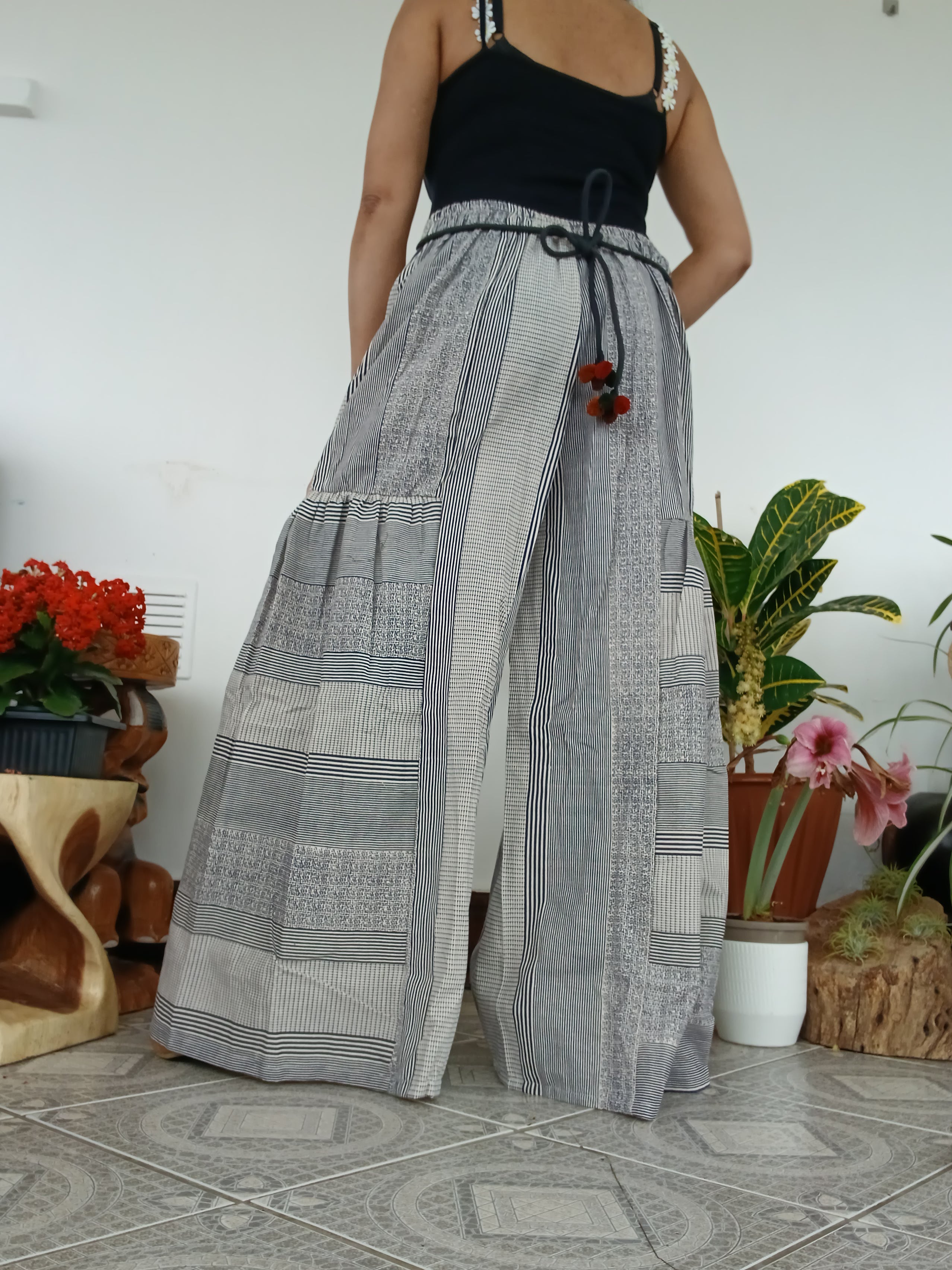 Cotton Cream patchwork Boho Wide-Leg Palazzo elegant Pants baggy hippie Harem Trousers one size fits 8-10-12