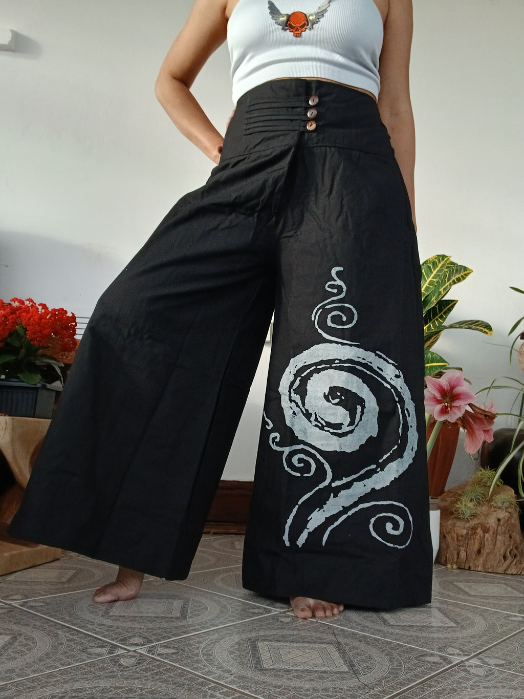 Black cotton baggy boho high-waisted trousers wide leg palazzo flowy harem pants One size fit 8-10-12