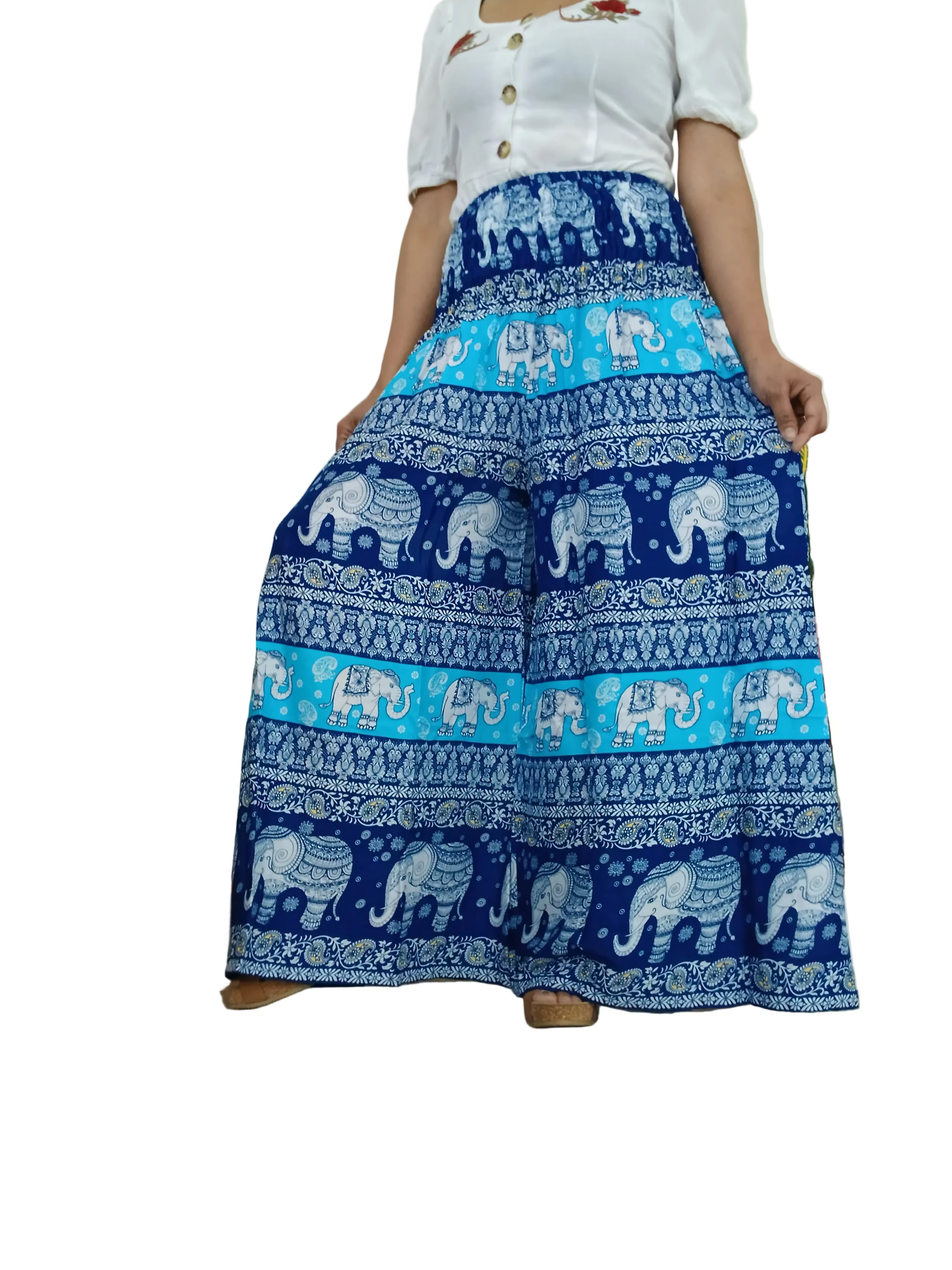 Blue navy elephant boho harem pants wide leg palazzo flowy high-waisted fit trousers