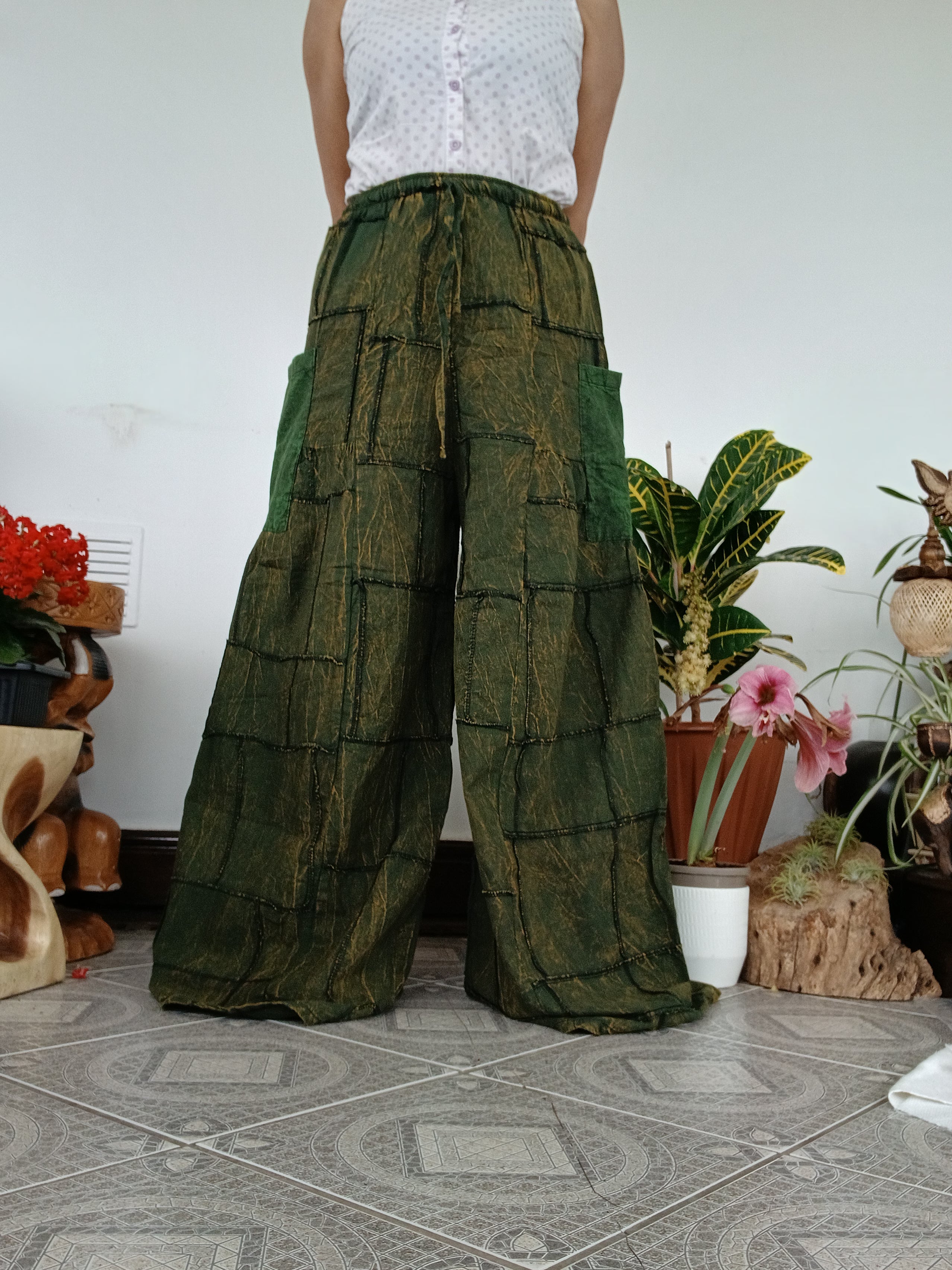 Olive Darkgreen Cotton patchwork baggy Palazzo Harem Pants Boho Wide-Leg trousers one size