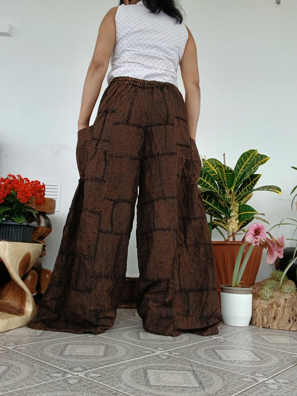 Plain Brown patchwork boho harem pants hippie baggy relaxed fit trousers one size fit 8-10-12