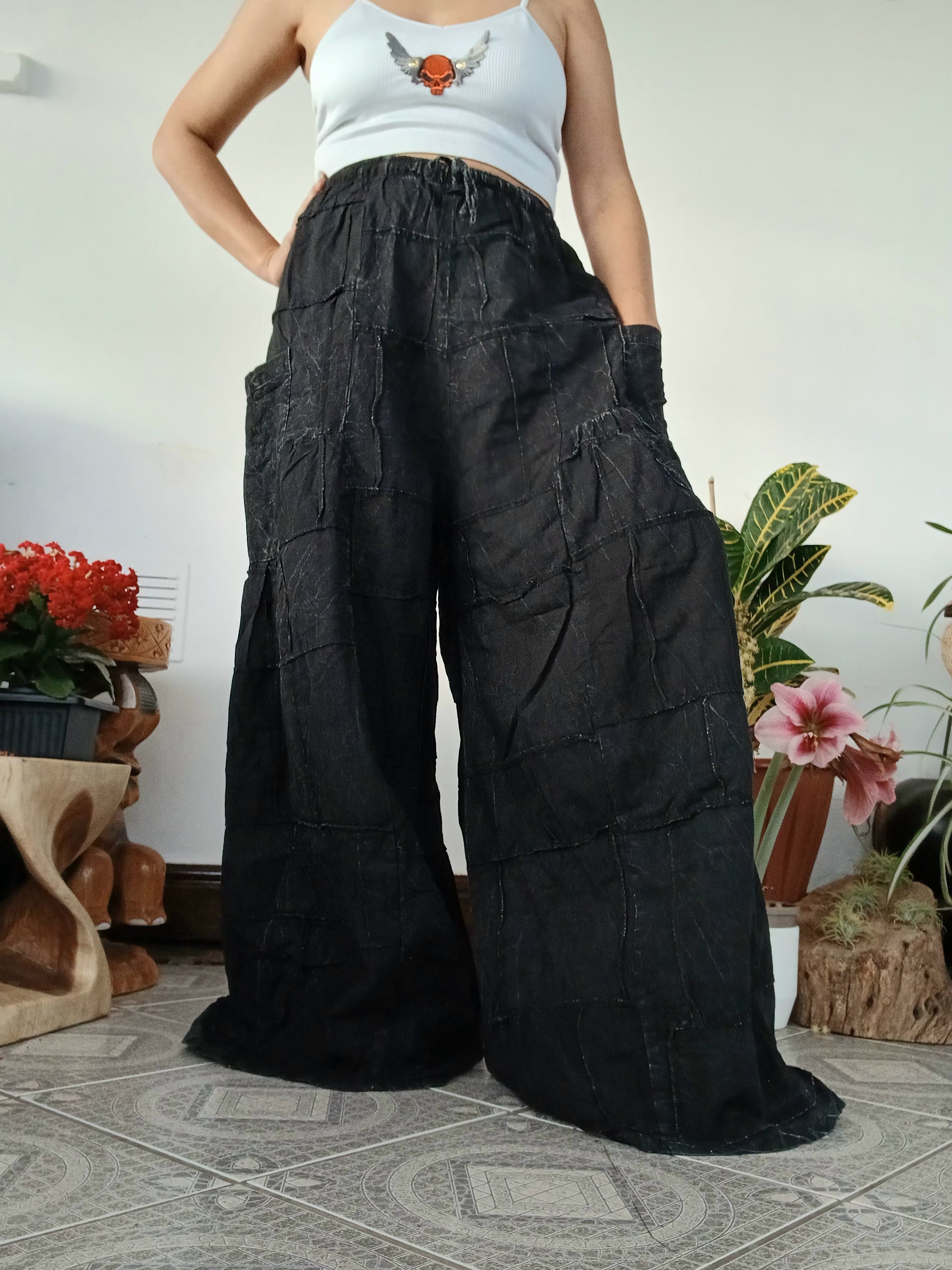 Patchwork Boho Wide-Leg Palazzo Pants – Stonewashed black Cotton one size fit 8-10-12