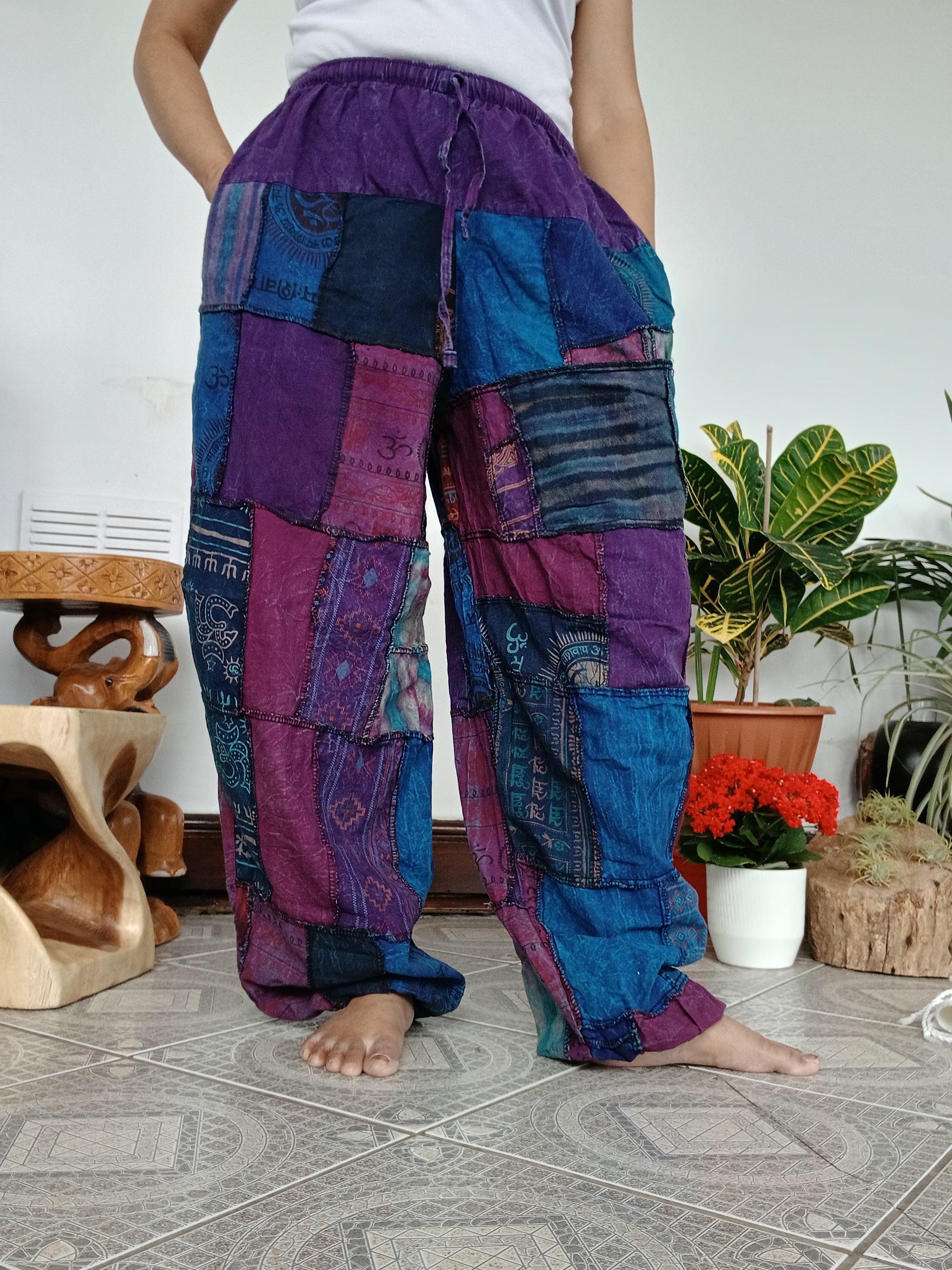 Stonewash patchwork purple tones Boho baggy loose-fit trousers joggers hippie Harem Pants unique one size