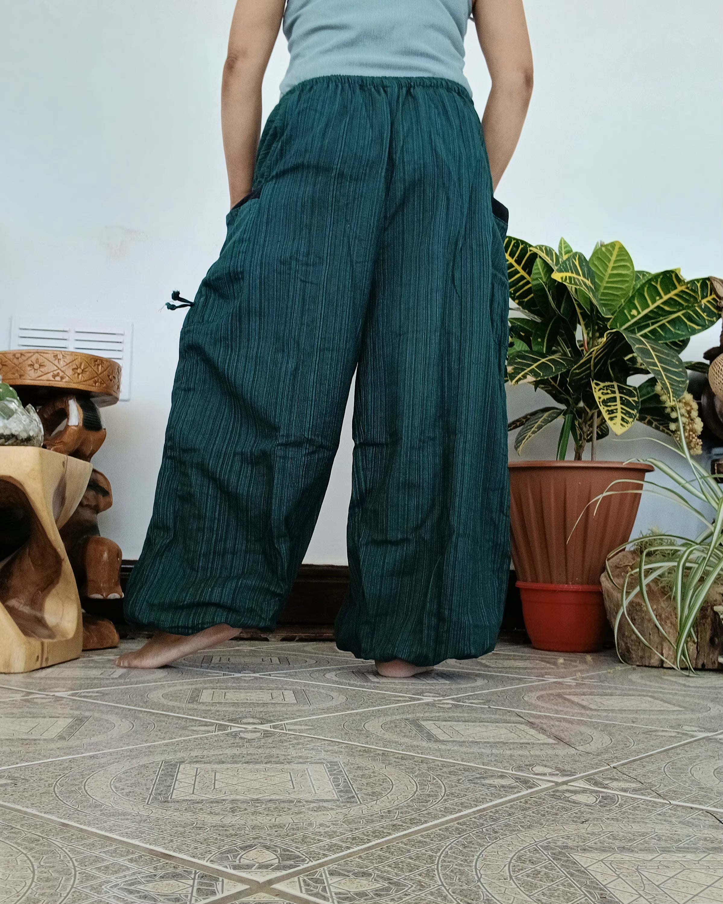 Cotton plain darkgreen baggy relaxed fit harem pants Boho with large side pockets One size fit 8-10-12