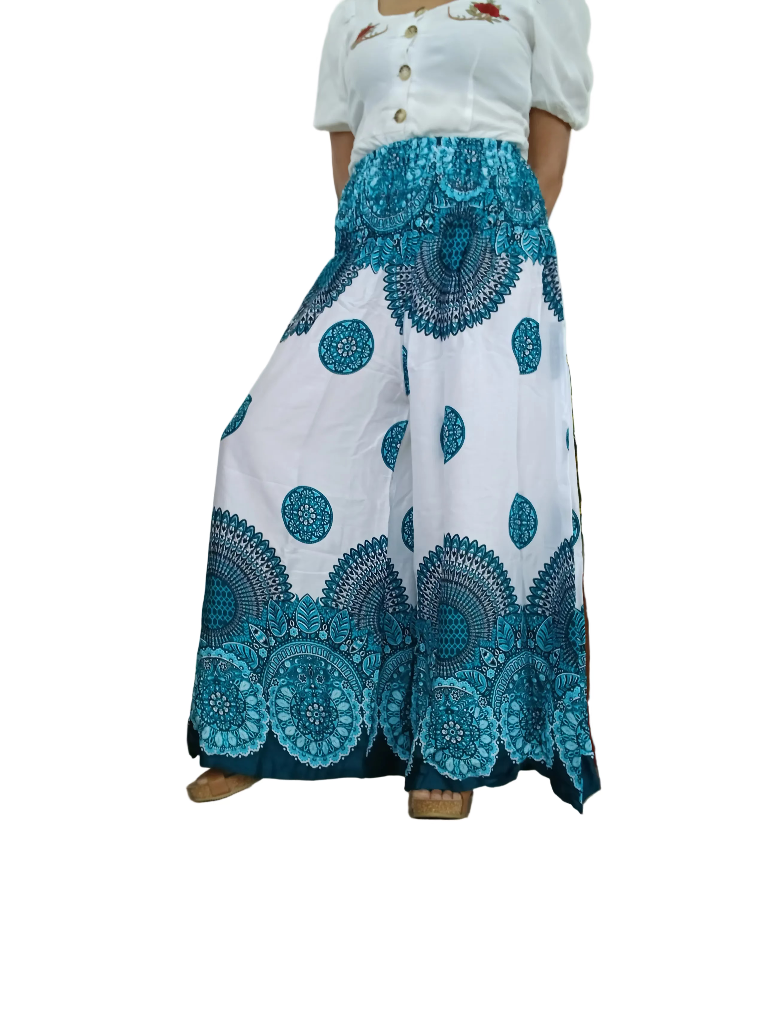 White turquoise Flowy Boho Festival Pants – High Waisted & Comfy Fit