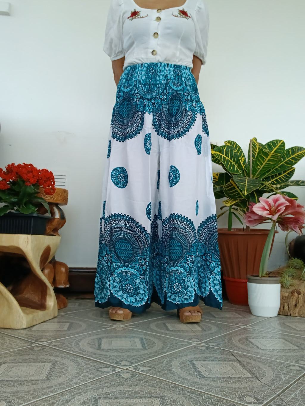 White turquoise Flowy Boho Festival Pants – High Waisted & Comfy Fit