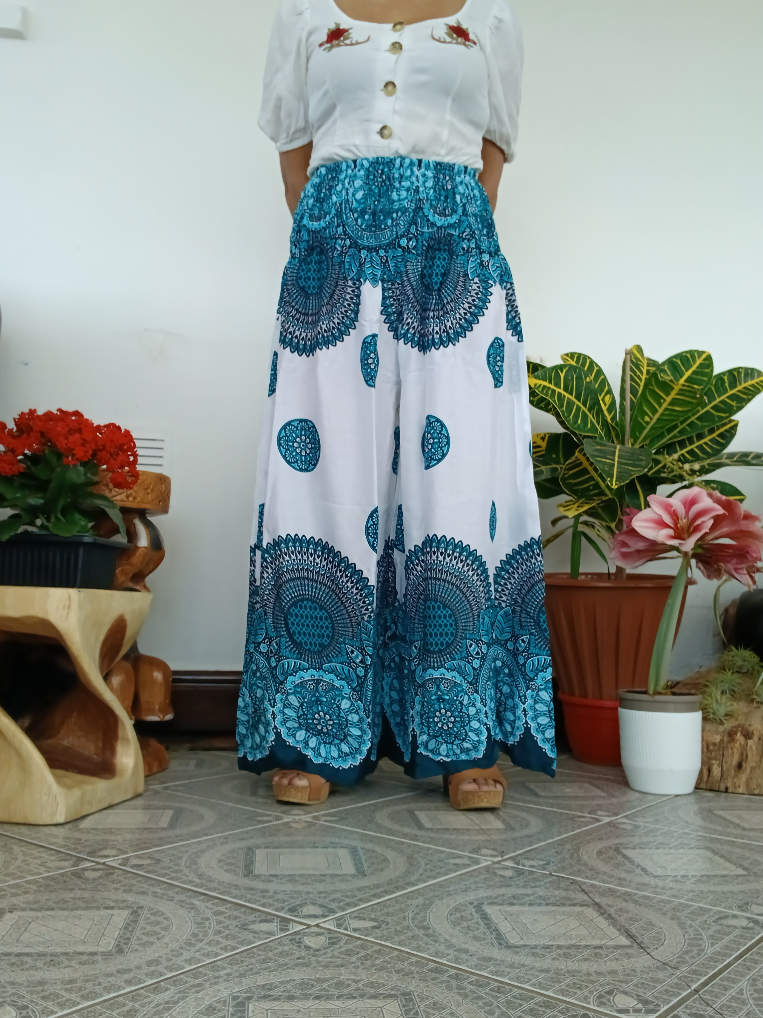 White turquoise Flowy Boho Festival Pants – High Waisted & Comfy Fit