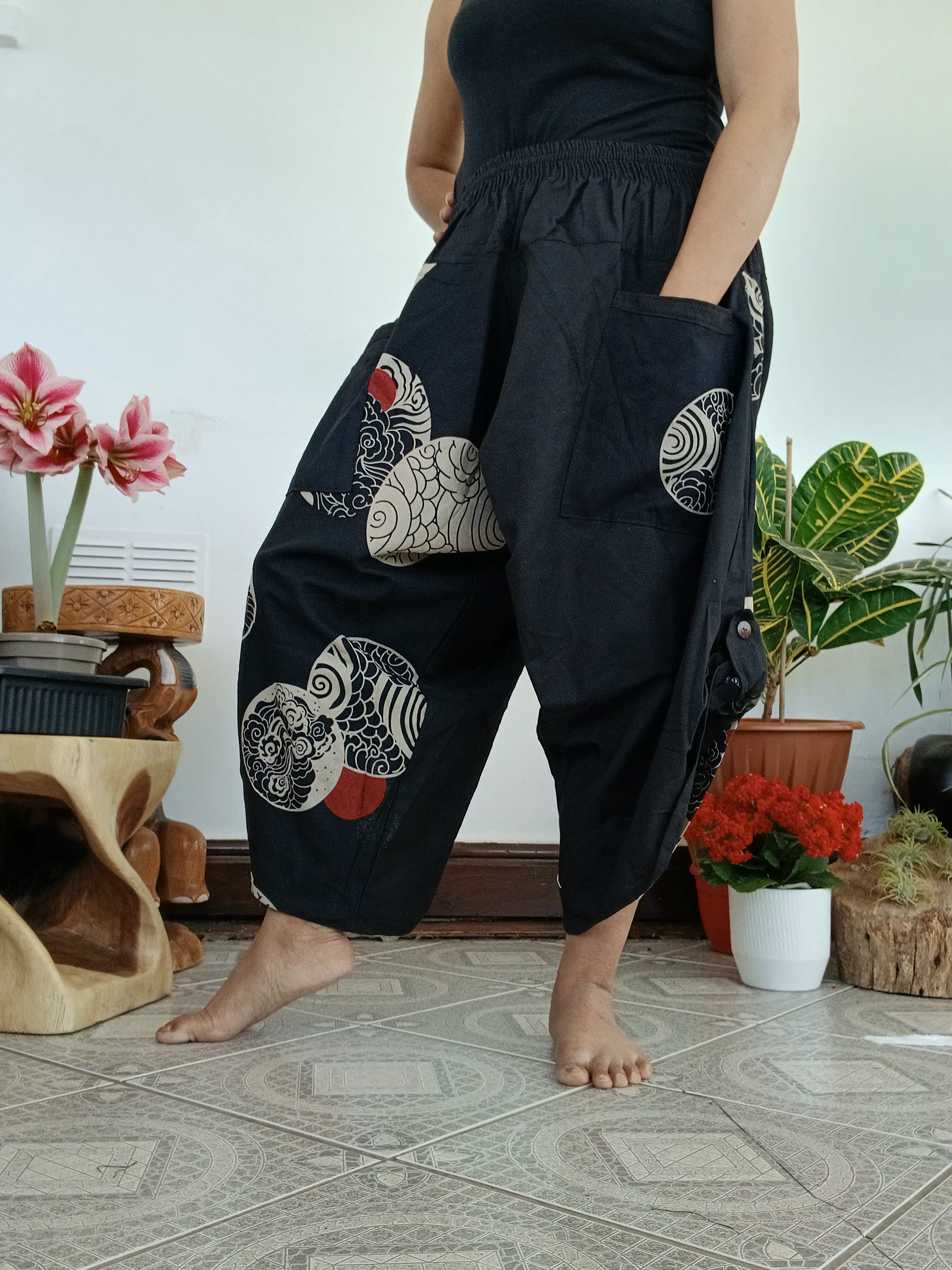Cotton black Ninja Samurai Style harem pants hippie Boho loose-fit trousers one size fit 6-8-10