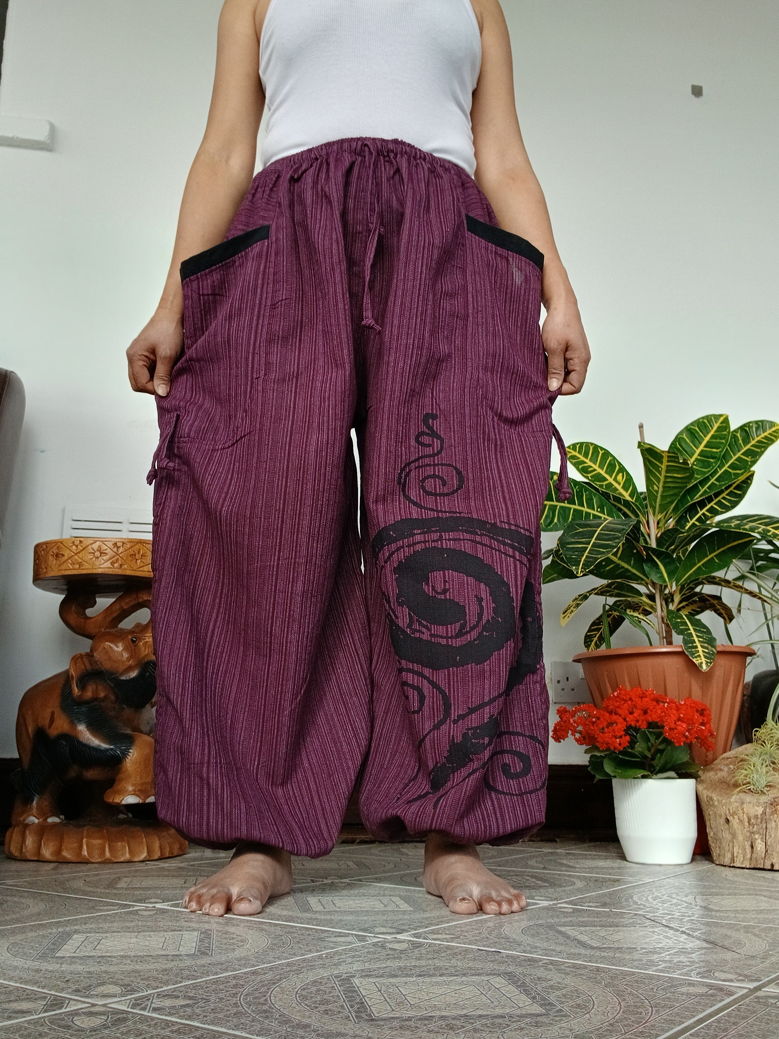 Purple cotton baggy hippie Boho poofy trousers joggers loose-fit harem pants
