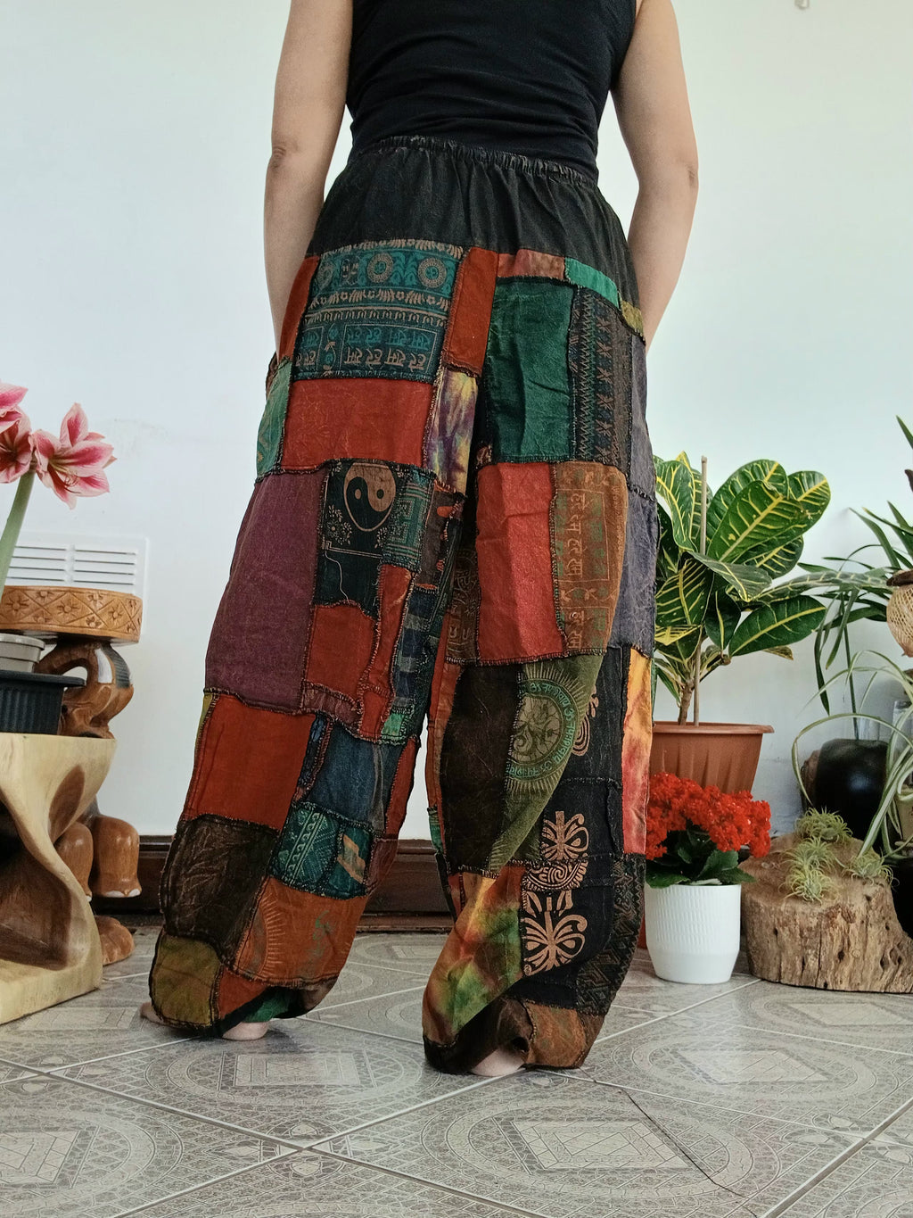 Unisex Stonewash patchwork Boho hippie Harem Trousers relaxed fit Lounge Pants One size fits 8-14