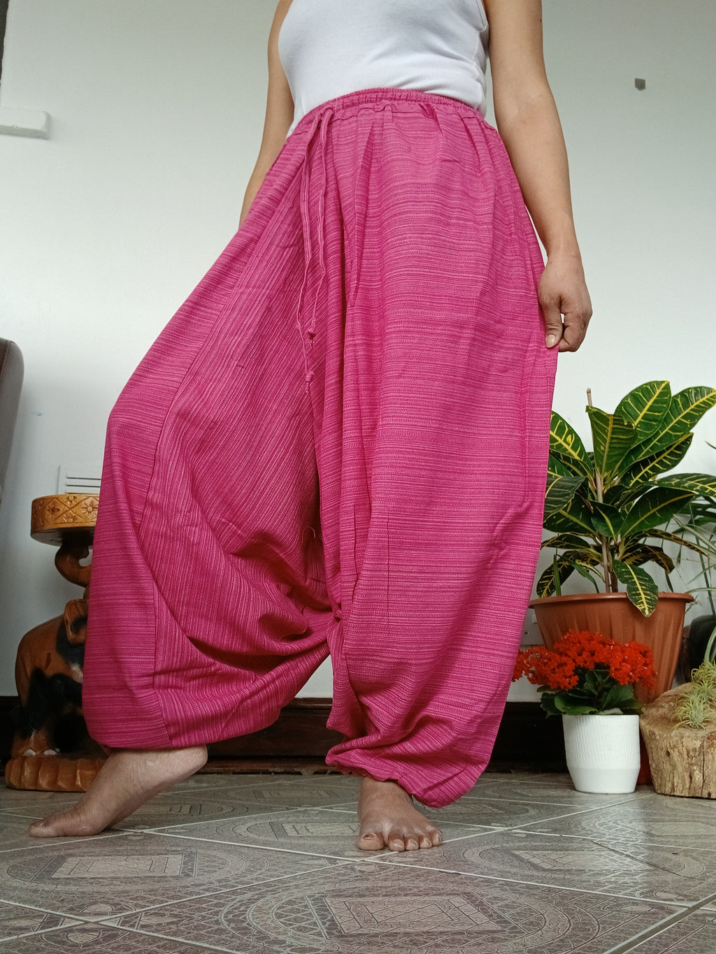 Cotton pink wide leg harem pants baggy hippie Boho relaxed fit yoga meditation Aladdin trousers
