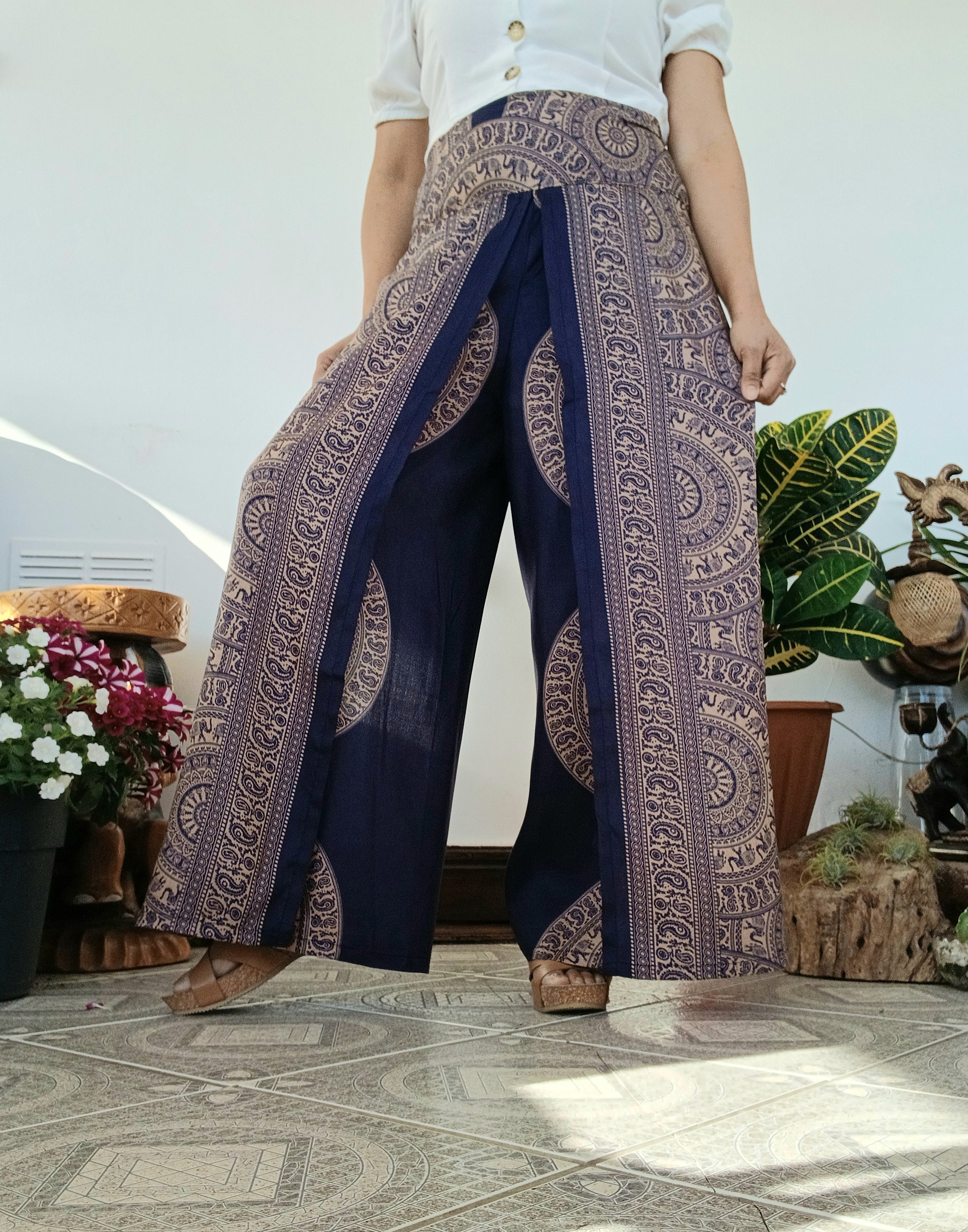Navy beige Boho flowy elegant harem wrap-around style summer festival trousers one size fit 8-10-12