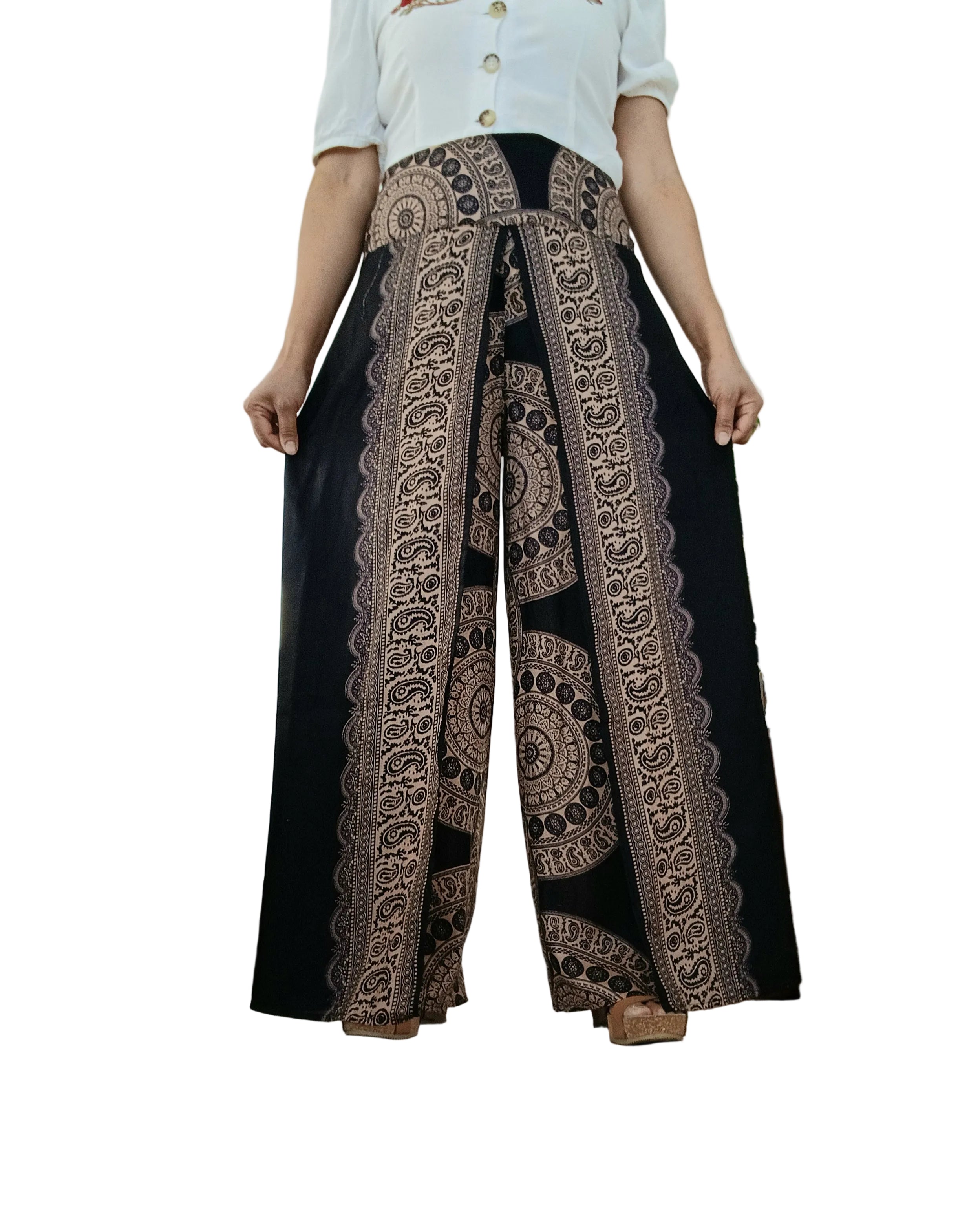 Black,beige Boho high-waisted wrap-around style summer holiday trousers elegant wide leg flowy harem pants One size fits 8-10-12