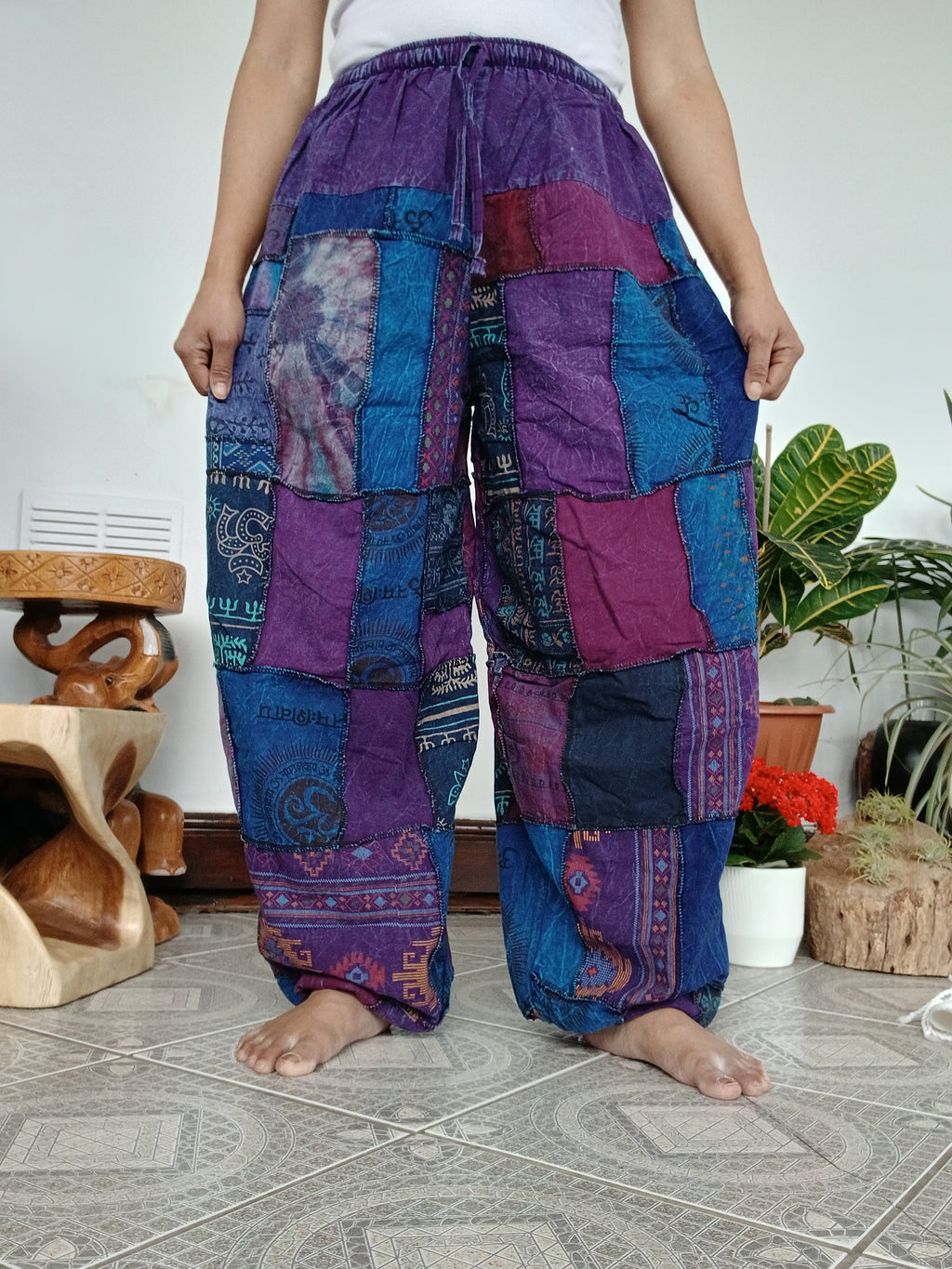 Stonewash patchwork purple tones Boho baggy loose-fit trousers joggers hippie Harem Pants unique one size