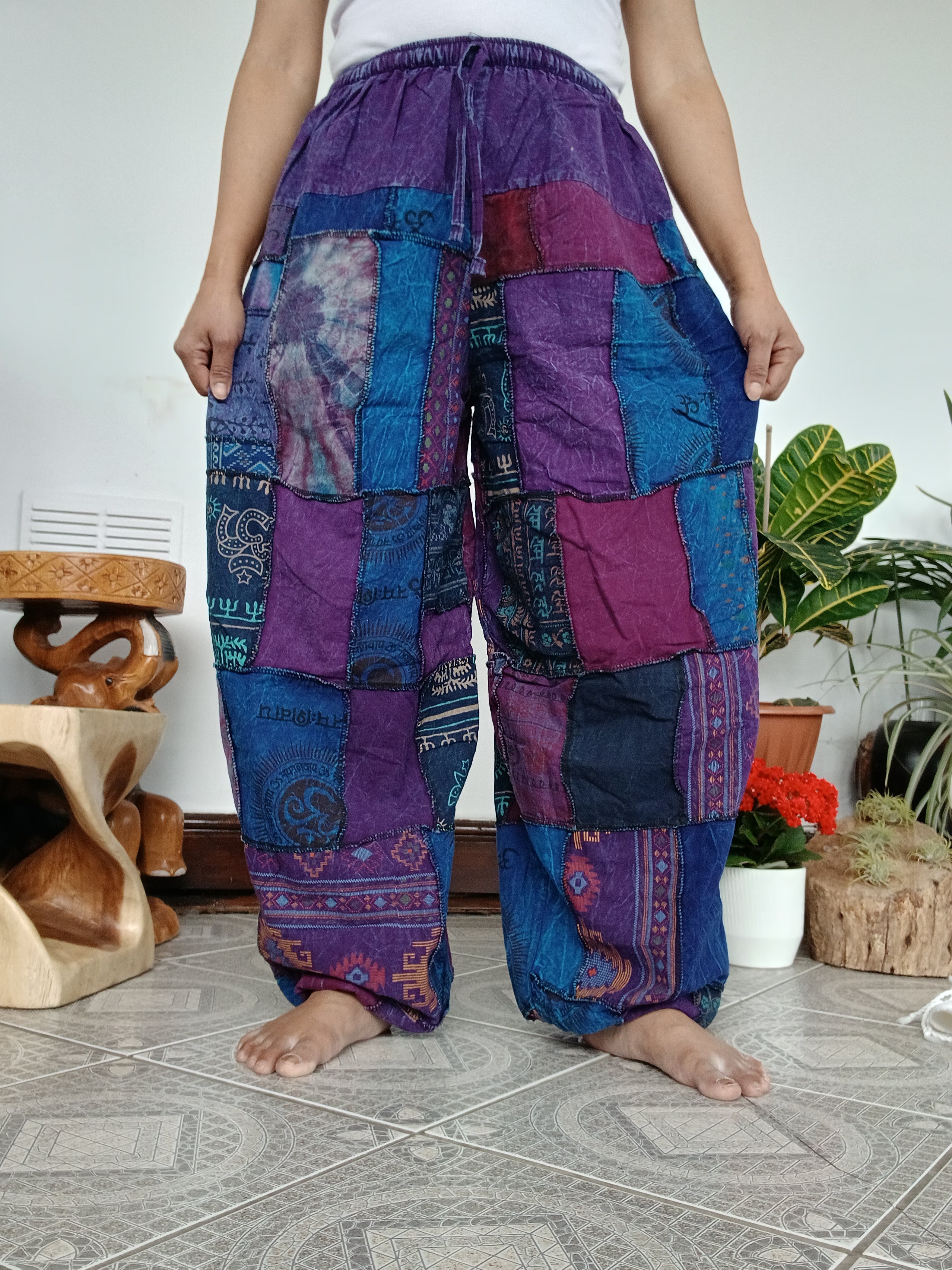 Stonewash patchwork purple tones Boho baggy loose-fit trousers joggers hippie Harem Pants unique one size