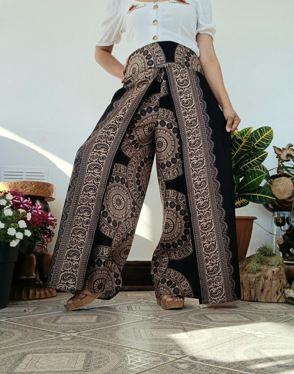 Black,beige Boho high-waisted wrap-around style summer holiday trousers elegant wide leg flowy harem pants One size fits 8-10-12