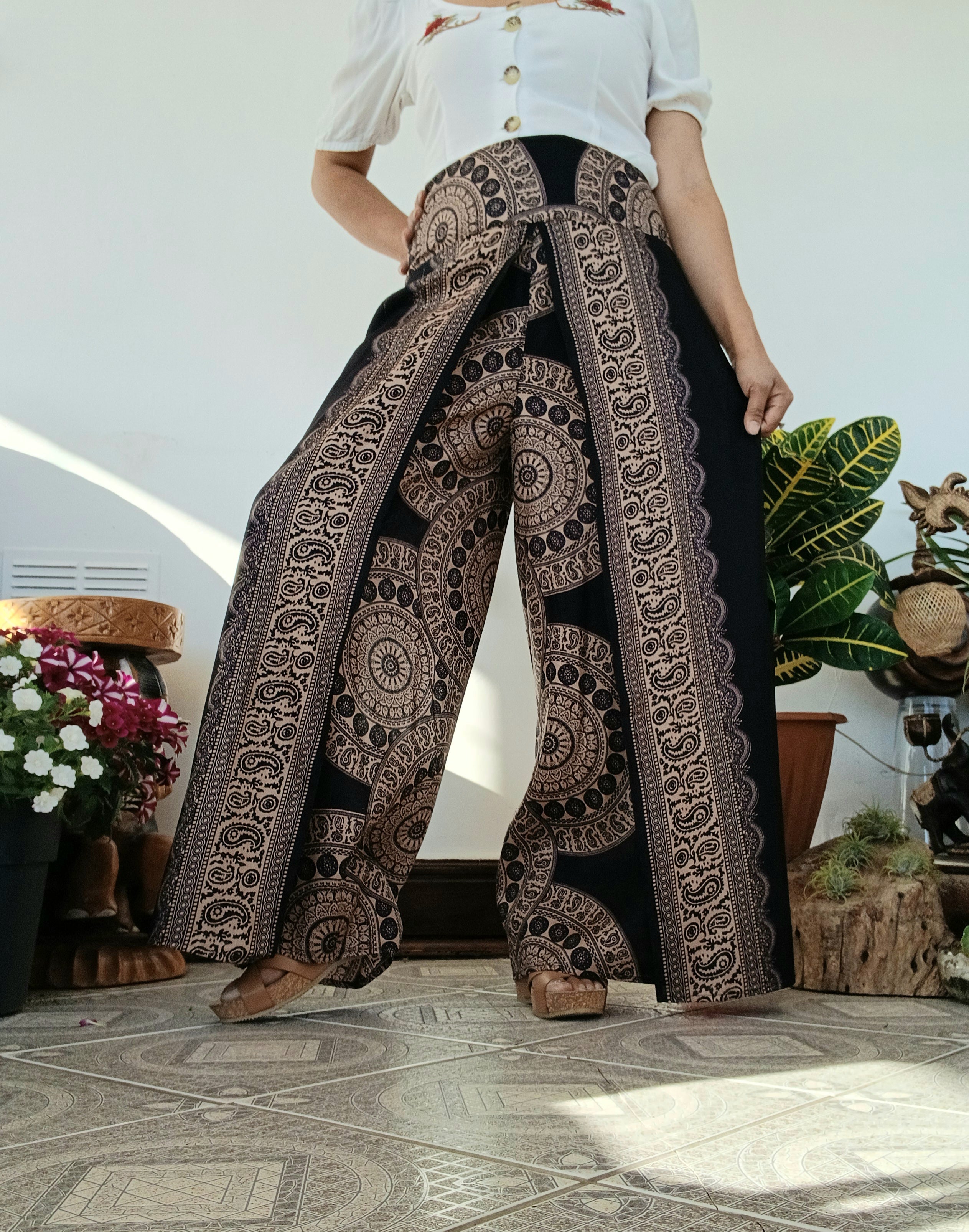 Black,beige Boho high-waisted wrap-around style summer holiday trousers elegant wide leg flowy harem pants One size fits 8-10-12