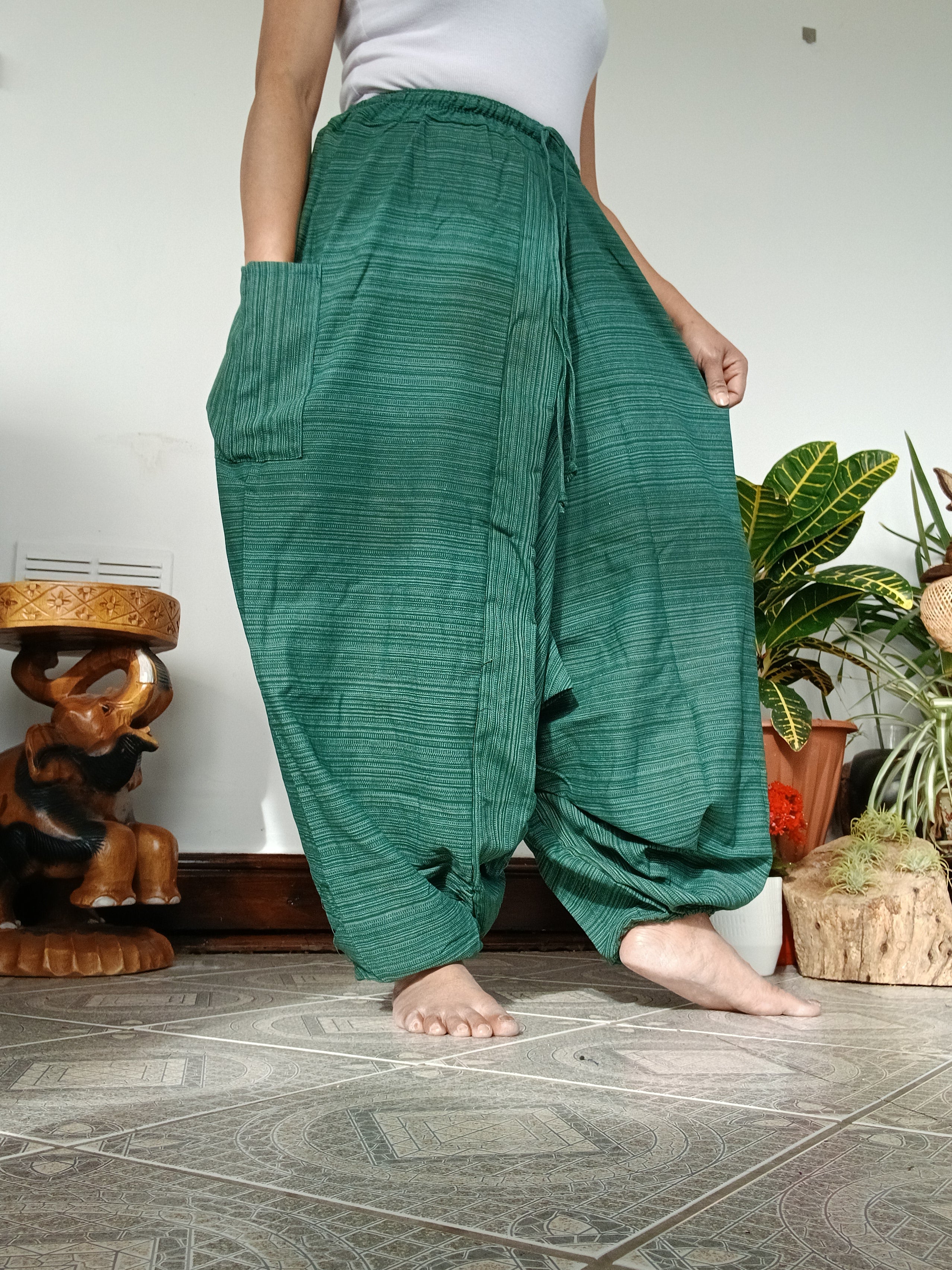 Cotton Green wide leg harem pants Aladdin Genie hippie yoga meditation Boho trousers for unisex