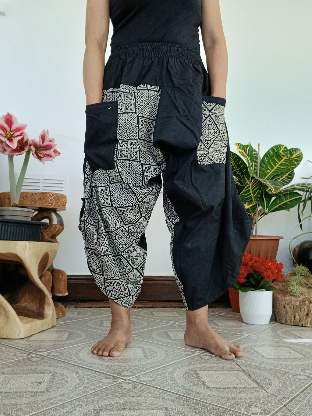 Black cotton with Tribal print Ninja samurai trousers Boho yoga harem pants