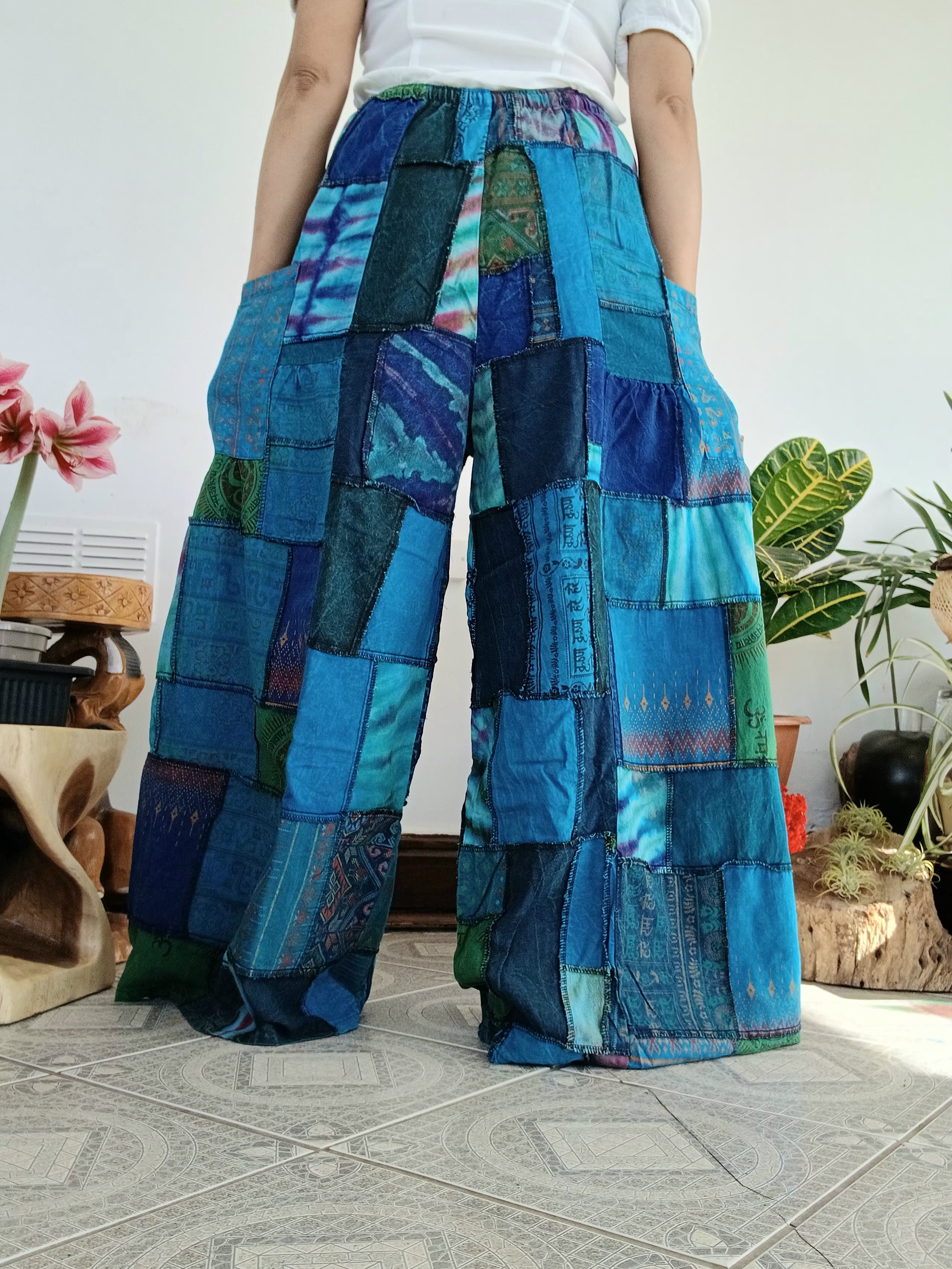 Blue Ocean tones patchwork Boho Wide-Leg hippie Harem Pants baggy Unique trousers for 8-12