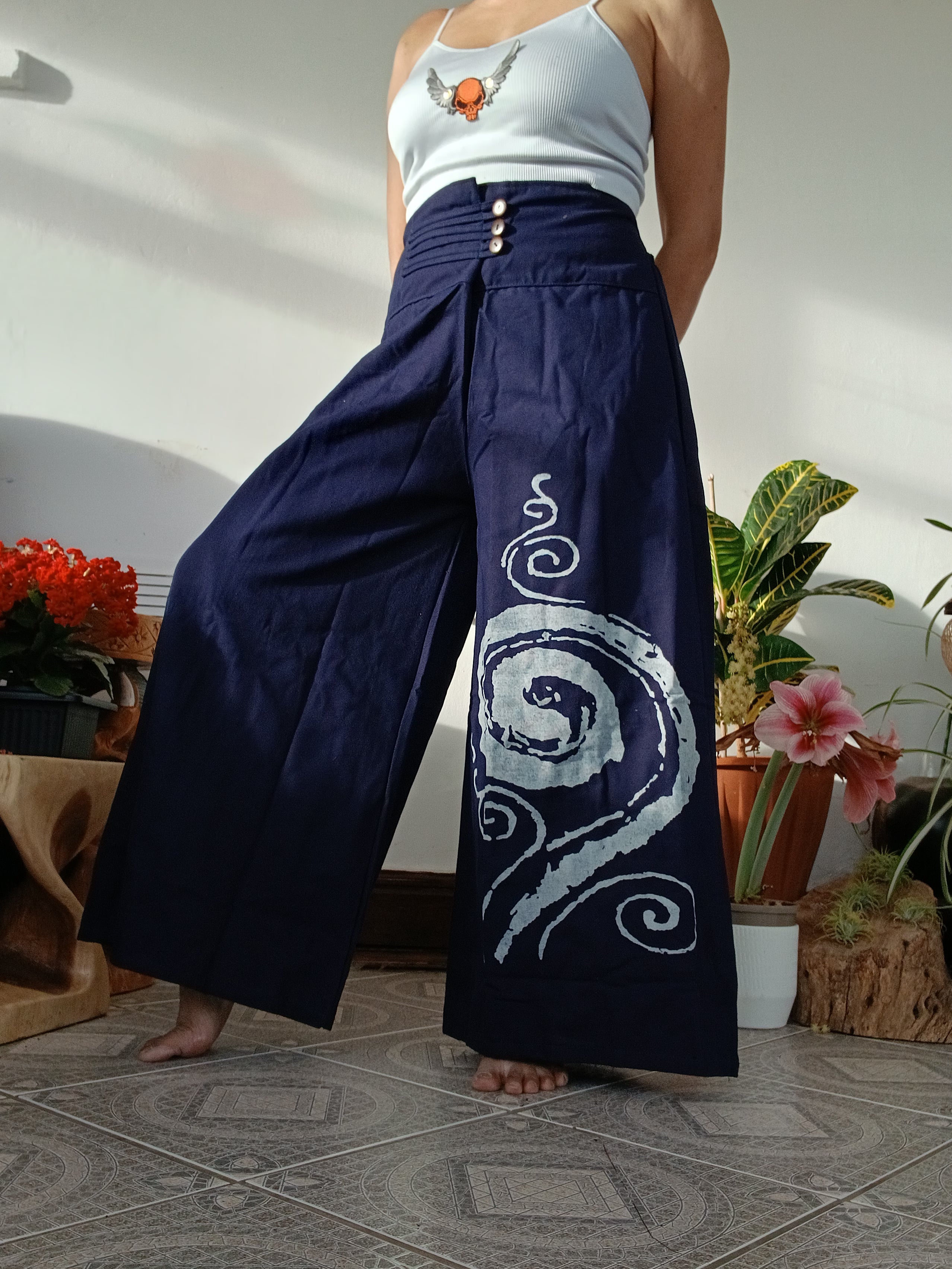 Blue navy cotton baggy wide leg elegant flowy trousers  Boho High-Waisted pants One size fits 8-10-12