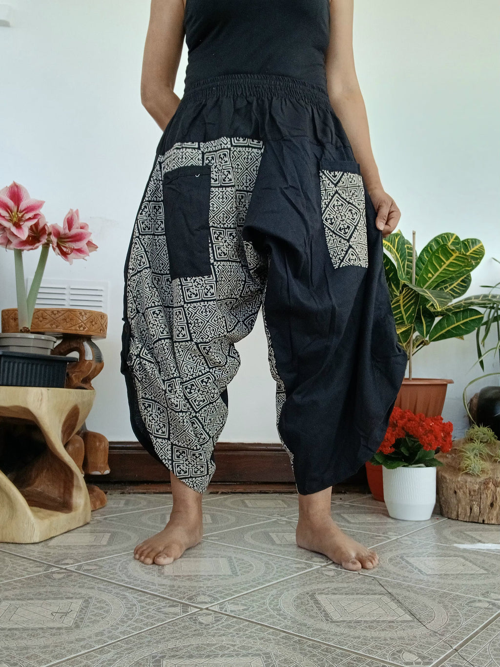 Black cotton with Tribal print Ninja samurai trousers Boho yoga harem pants