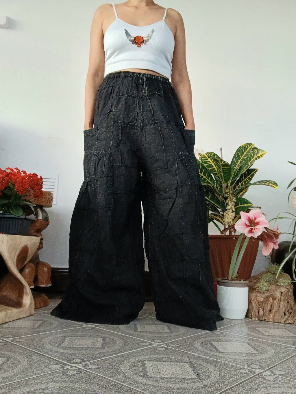 Patchwork Boho Wide-Leg Palazzo Pants – Stonewashed black Cotton one size fit 8-10-12
