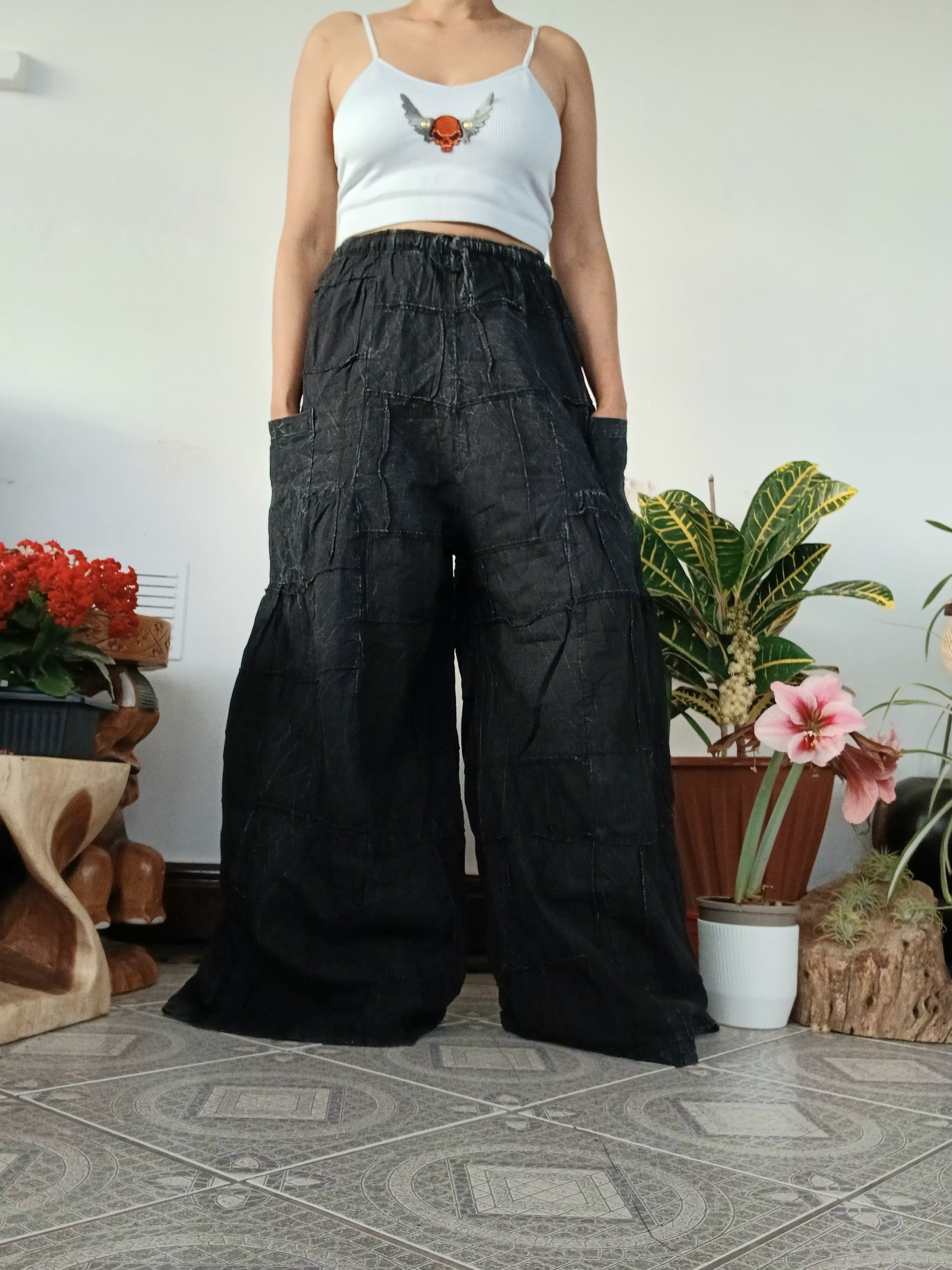 Patchwork Boho Wide-Leg Palazzo Pants – Stonewashed black Cotton one size fit 8-10-12