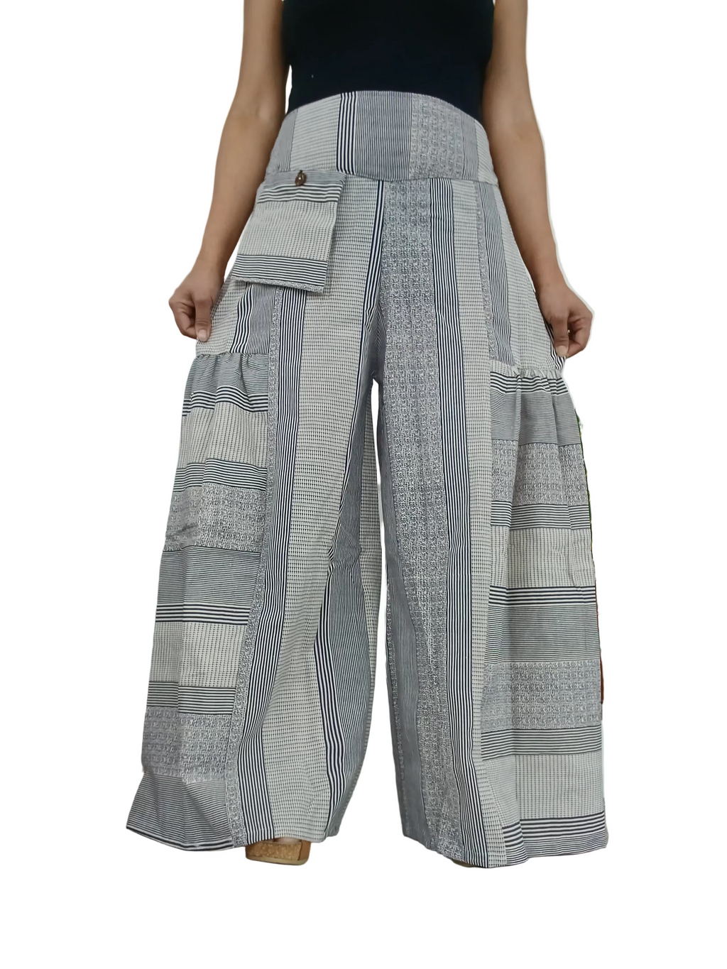 Cotton Cream patchwork Boho Wide-Leg Palazzo elegant Pants baggy hippie Harem Trousers one size fits 8-10-12